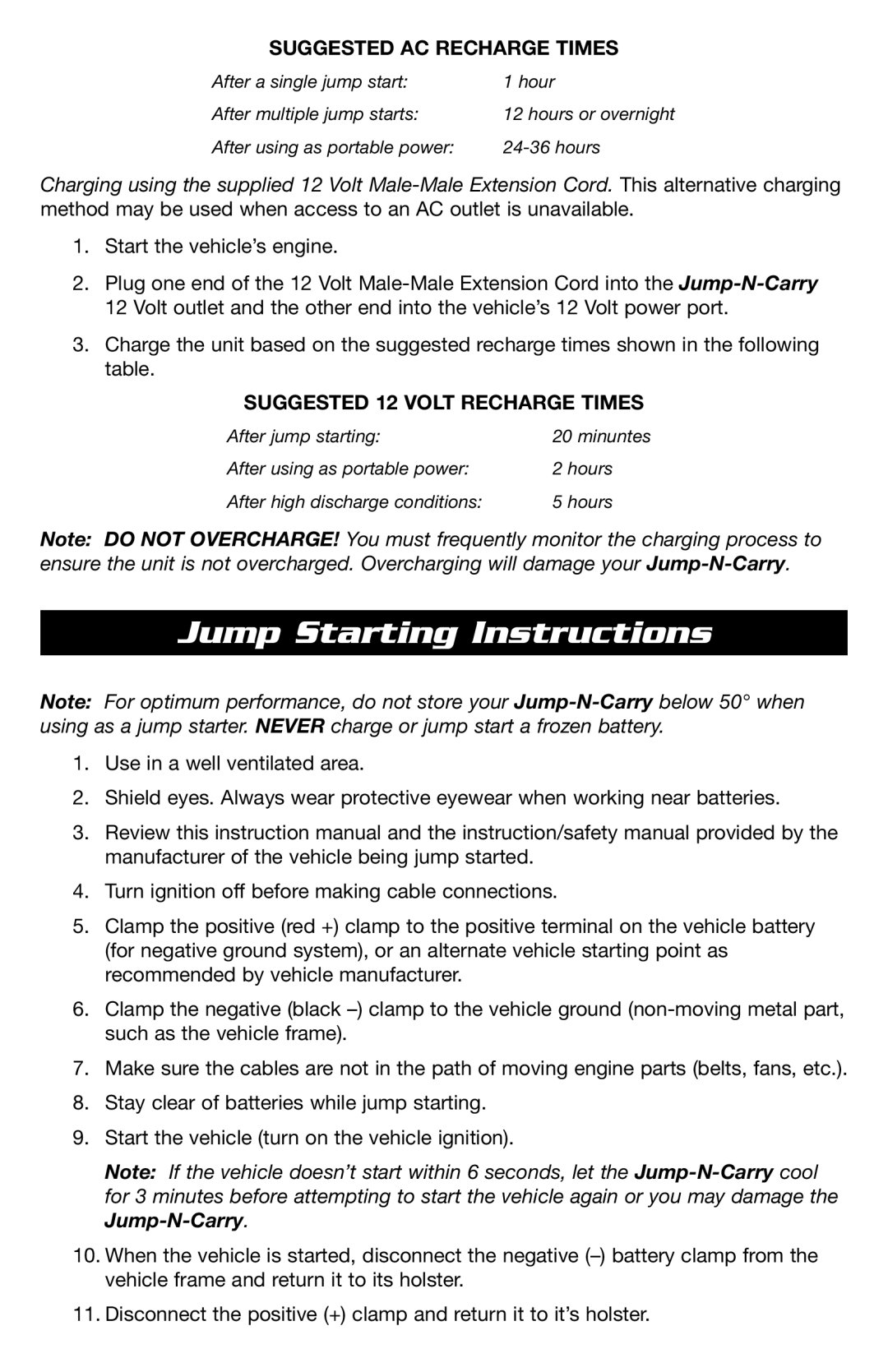 T-Tech JNCXFE instruction manual Jump Starting Instructions, Suggested AC Recharge Times 