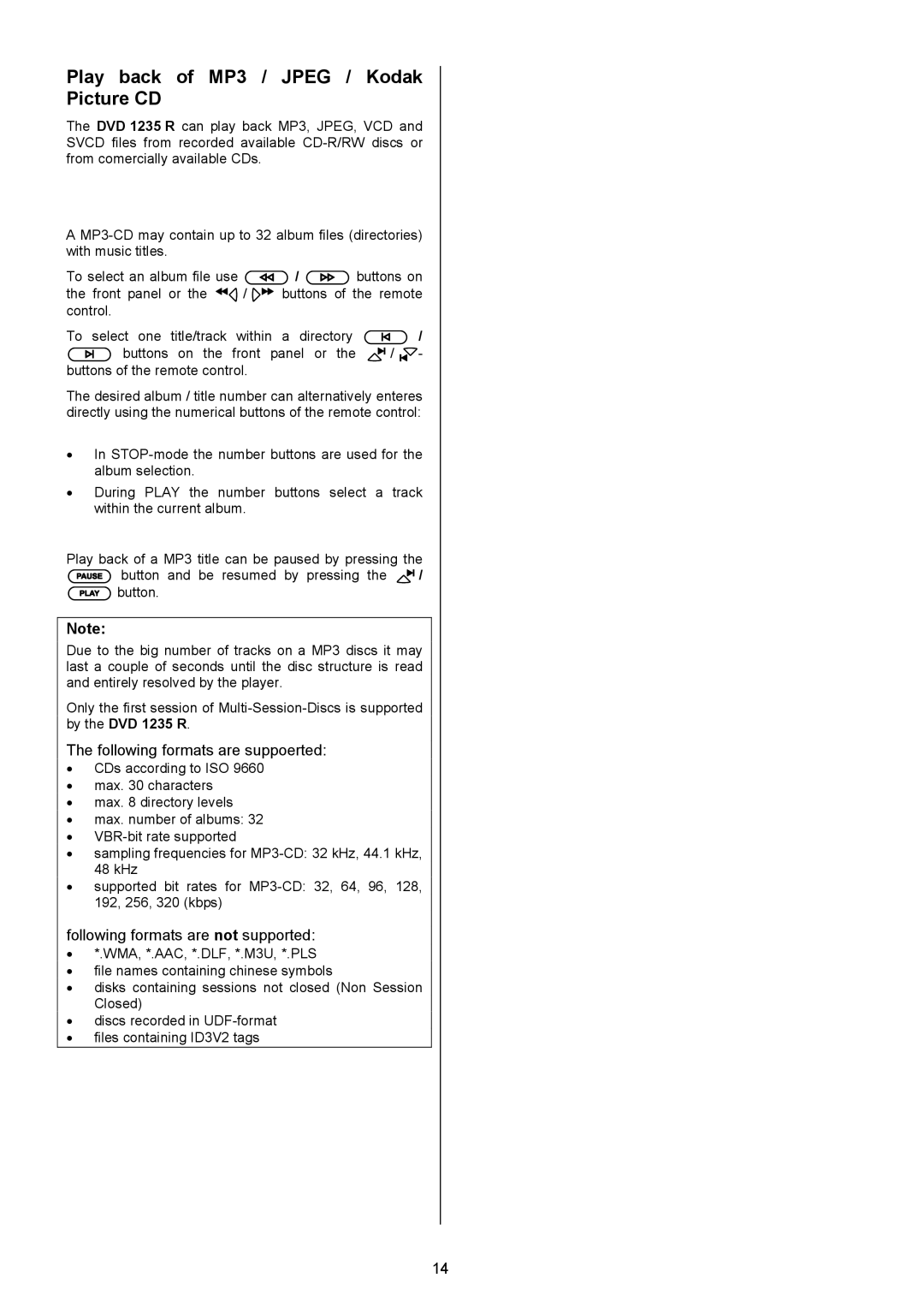 T+A Elektroakustik 1235 R user manual Play back of MP3 / Jpeg / Kodak Picture CD, Thefollowingformatsaresuppoerted 