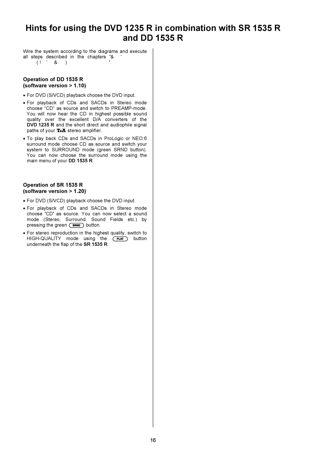 T+A Elektroakustik 1235 R user manual Operation of DD 1535 R software version, Operation of SR 1535 R software version 