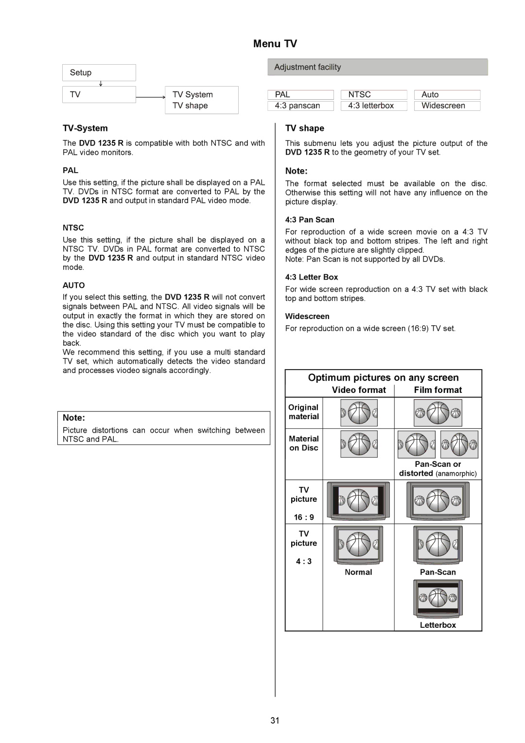 T+A Elektroakustik 1235 R user manual Menu TV, TV-System, TV shape, Video format Film format 