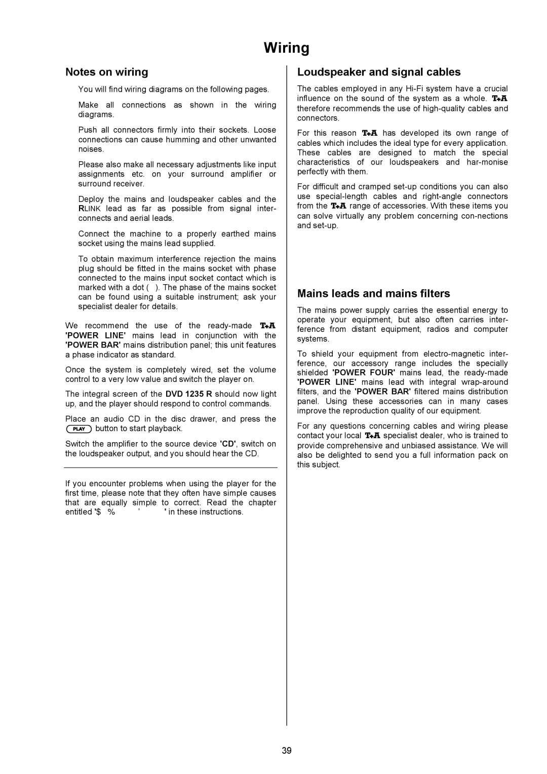 T+A Elektroakustik 1235 R user manual Wiring, Loudspeaker and signal cables, Mains leads and mains filters 