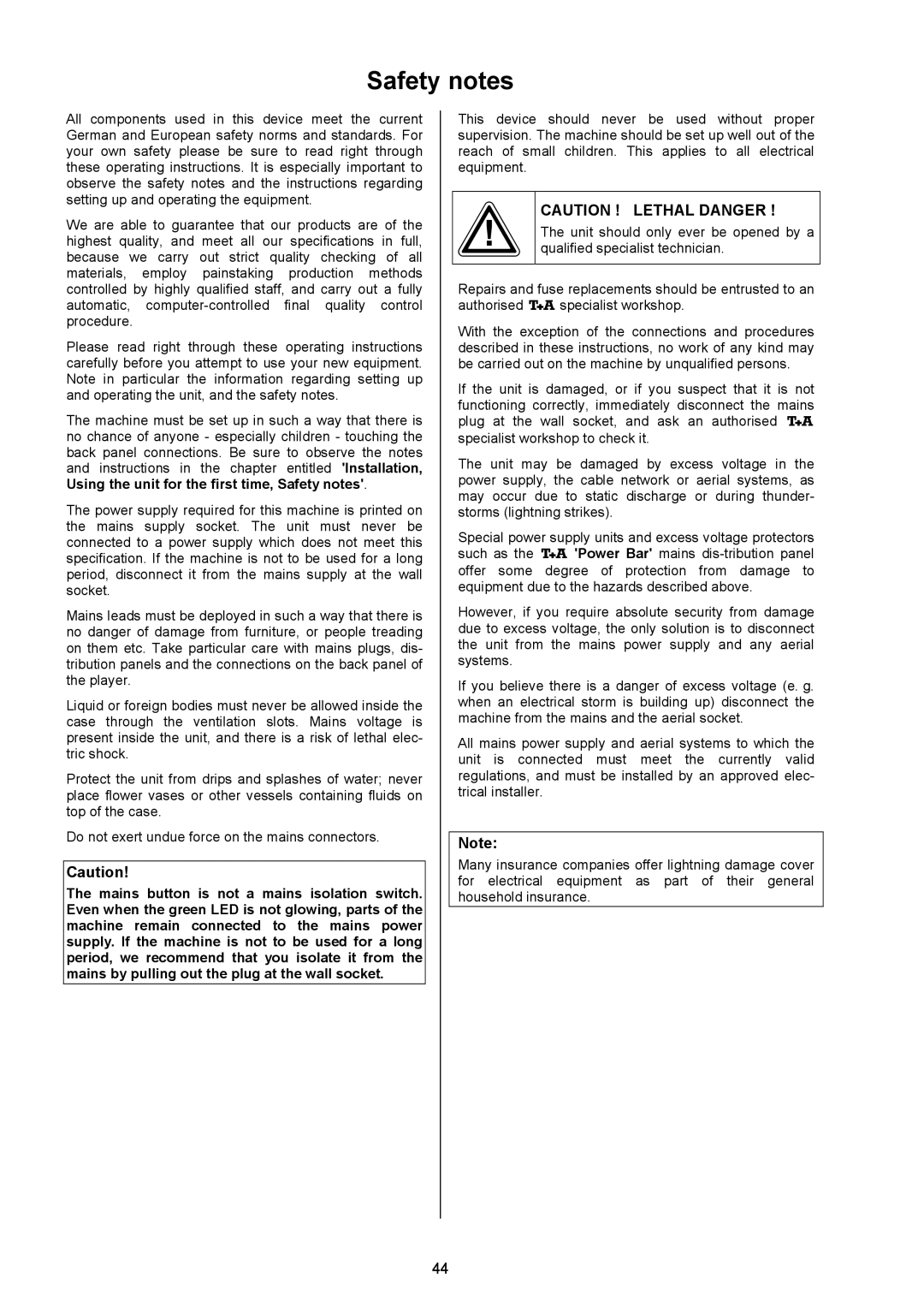 T+A Elektroakustik 1235 R user manual Safety notes,  Caution ! Lethal Danger 