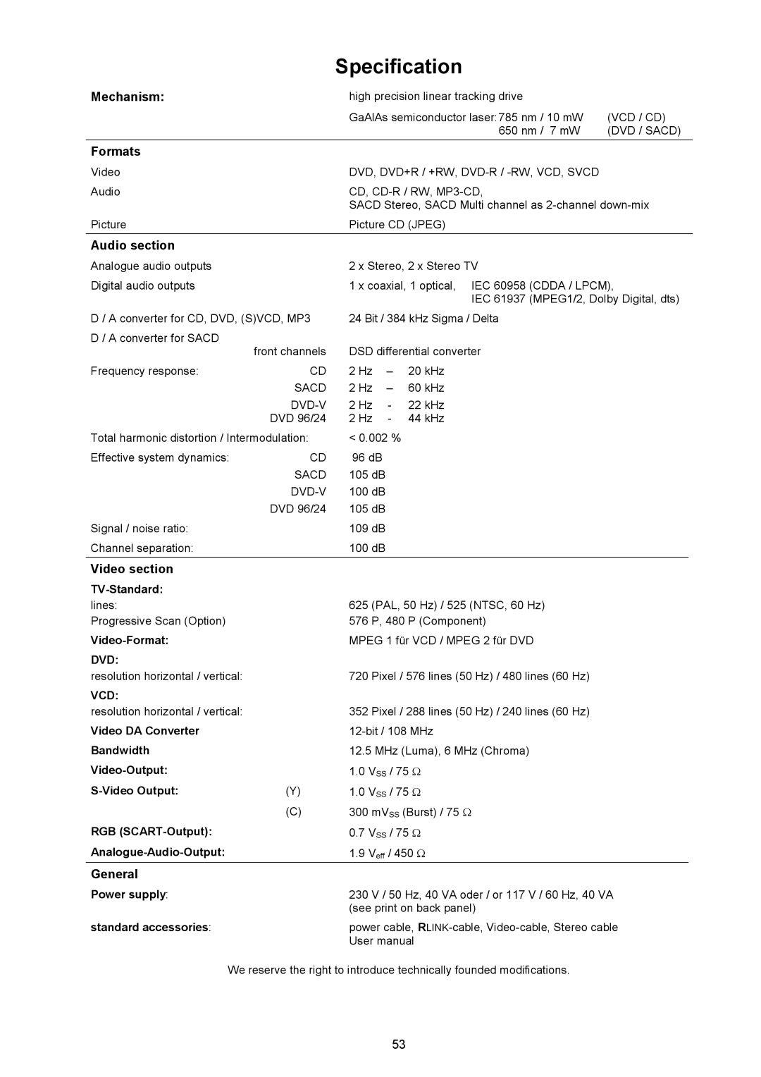 T+A Elektroakustik 1235 R user manual Specification, Mechanism, Formats, Audio section, Video section 