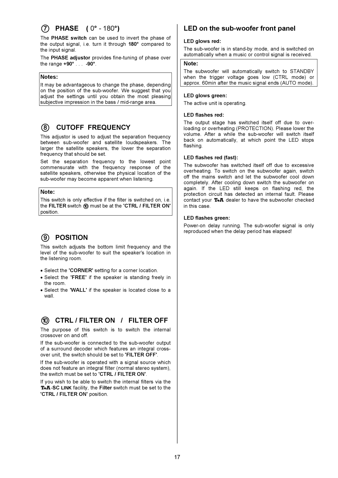 T+A Elektroakustik AE 14 user manual  Phase 0, LED on the sub-woofer front panel 