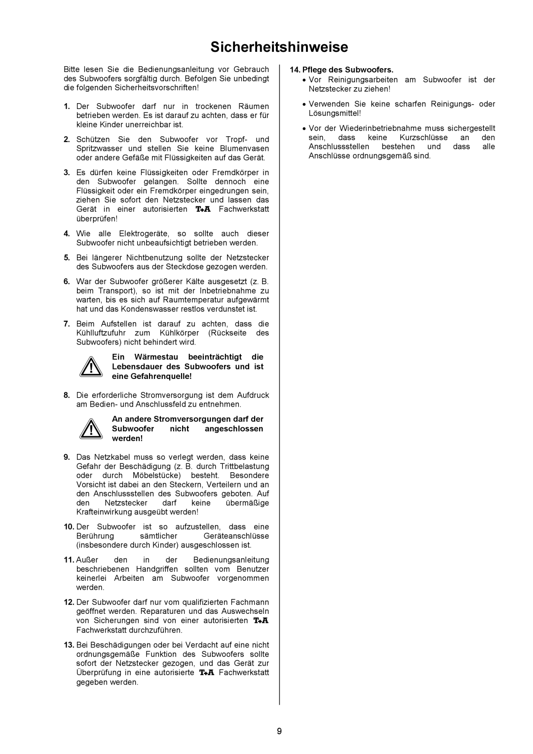 T+A Elektroakustik AE 14 user manual Sicherheitshinweise 