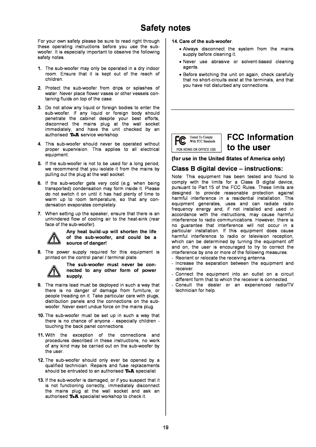 T+A Elektroakustik AE 14 user manual Safety notes, FCC Information to the user, Class B digital device - instructions 