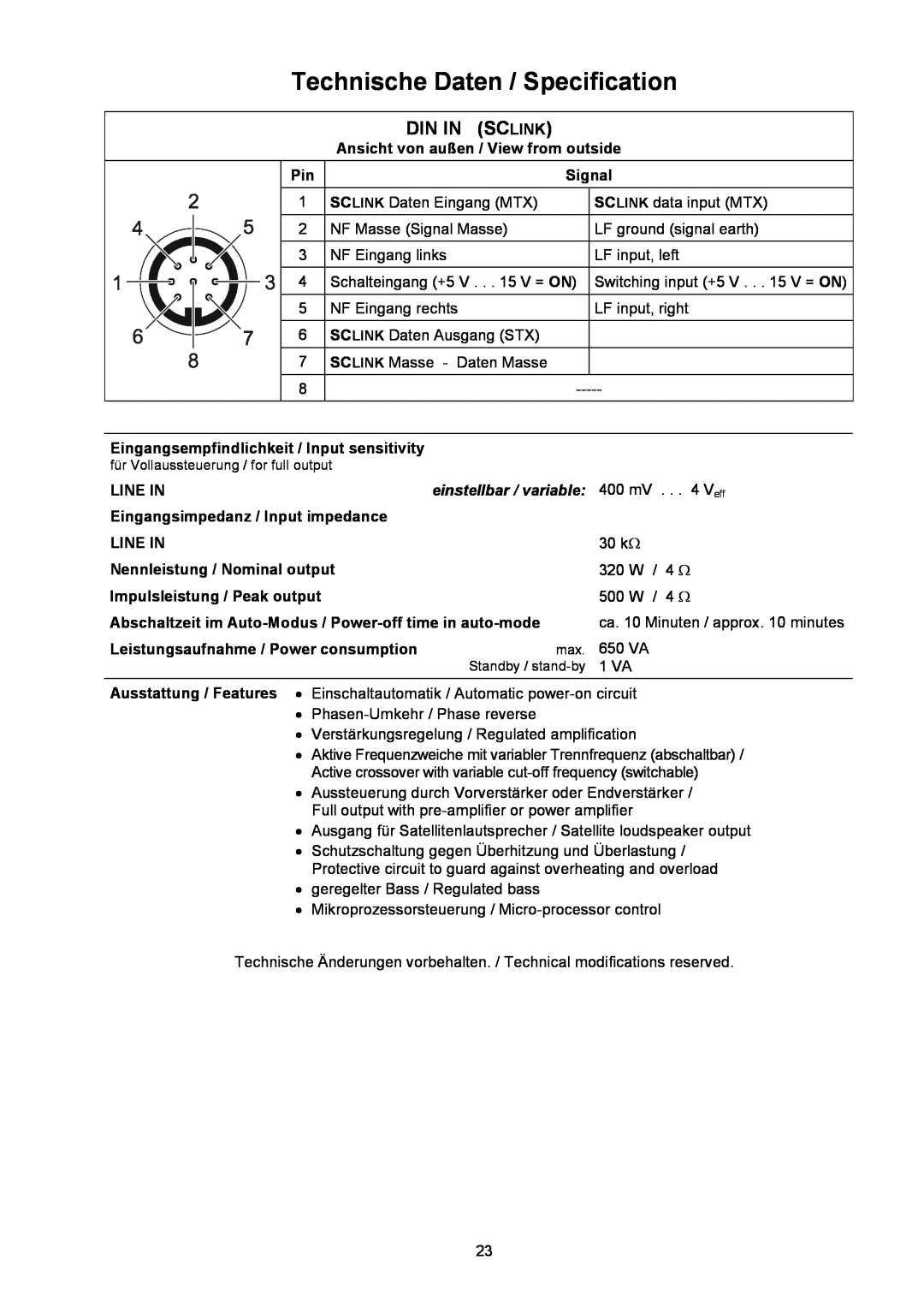 T+A Elektroakustik AE 14 user manual Technische Daten / Specification, Din In Sclink 