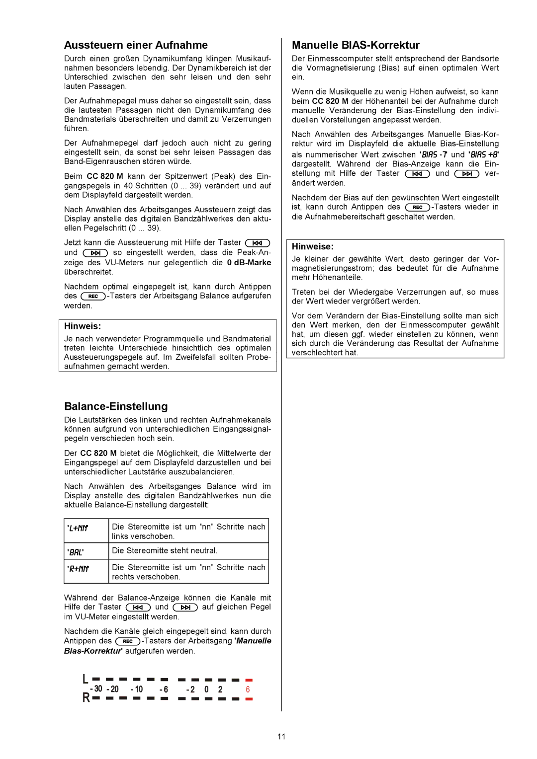 T+A Elektroakustik CC 820 M user manual Aussteuern einer Aufnahme, Balance-Einstellung, Manuelle BIAS-Korrektur 