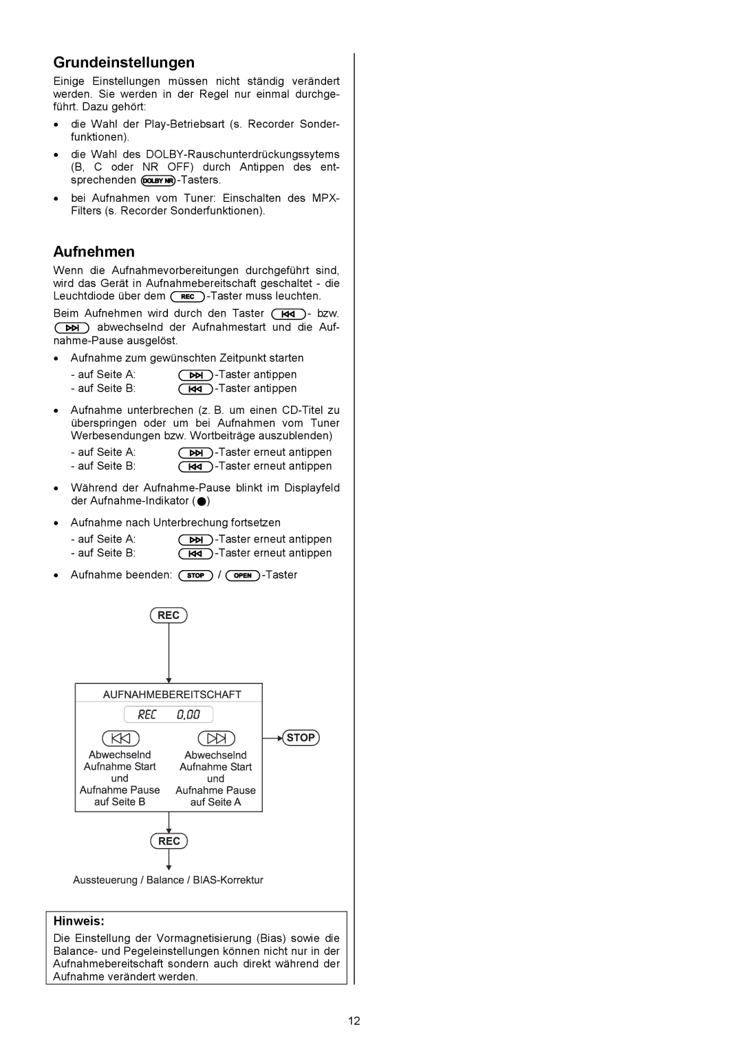 T+A Elektroakustik CC 820 M user manual Grundeinstellungen, Aufnehmen 