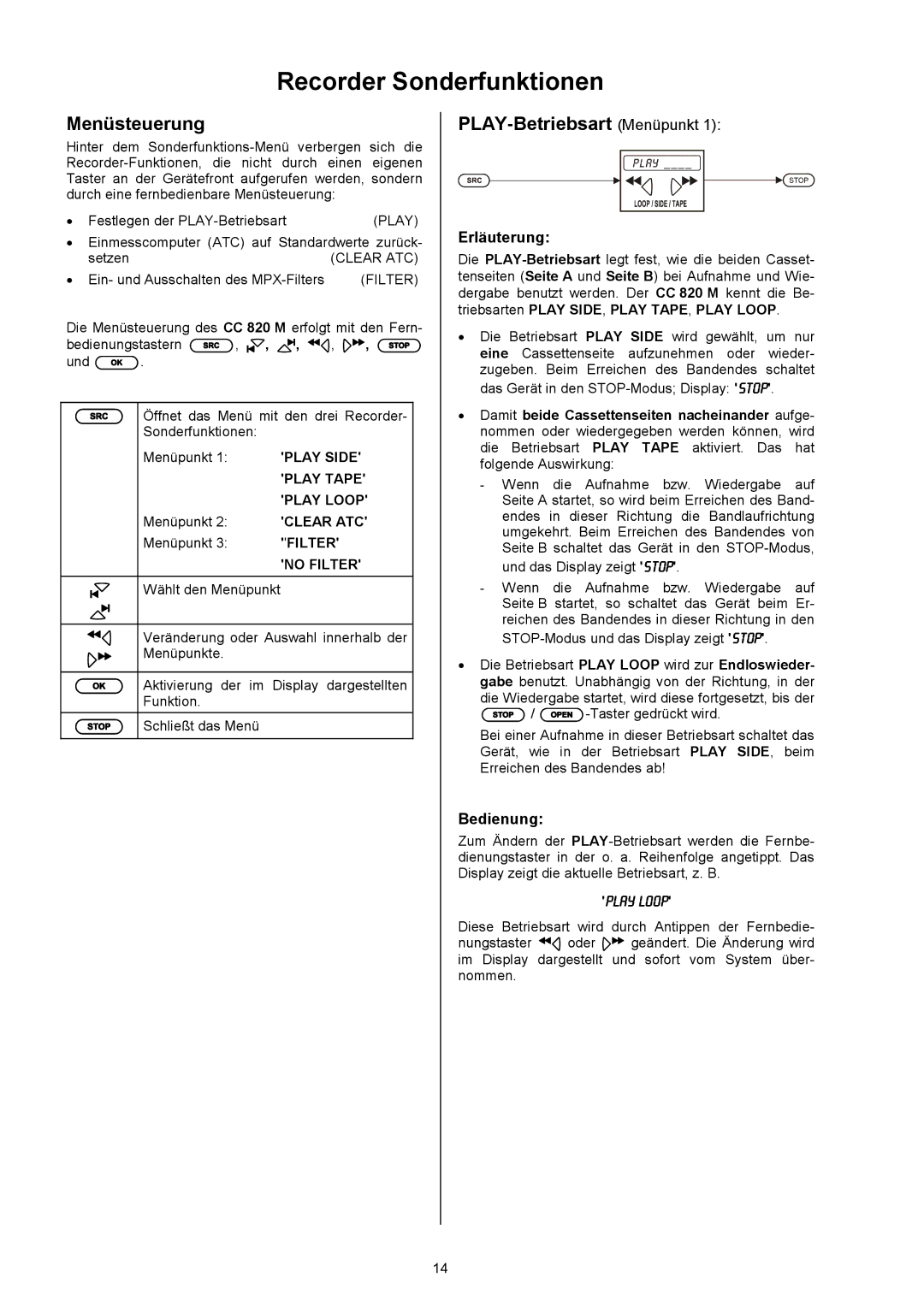 T+A Elektroakustik CC 820 M Recorder Sonderfunktionen, Menüsteuerung, PLAY-Betriebsart Menüpunkt, Erläuterung, Bedienung 