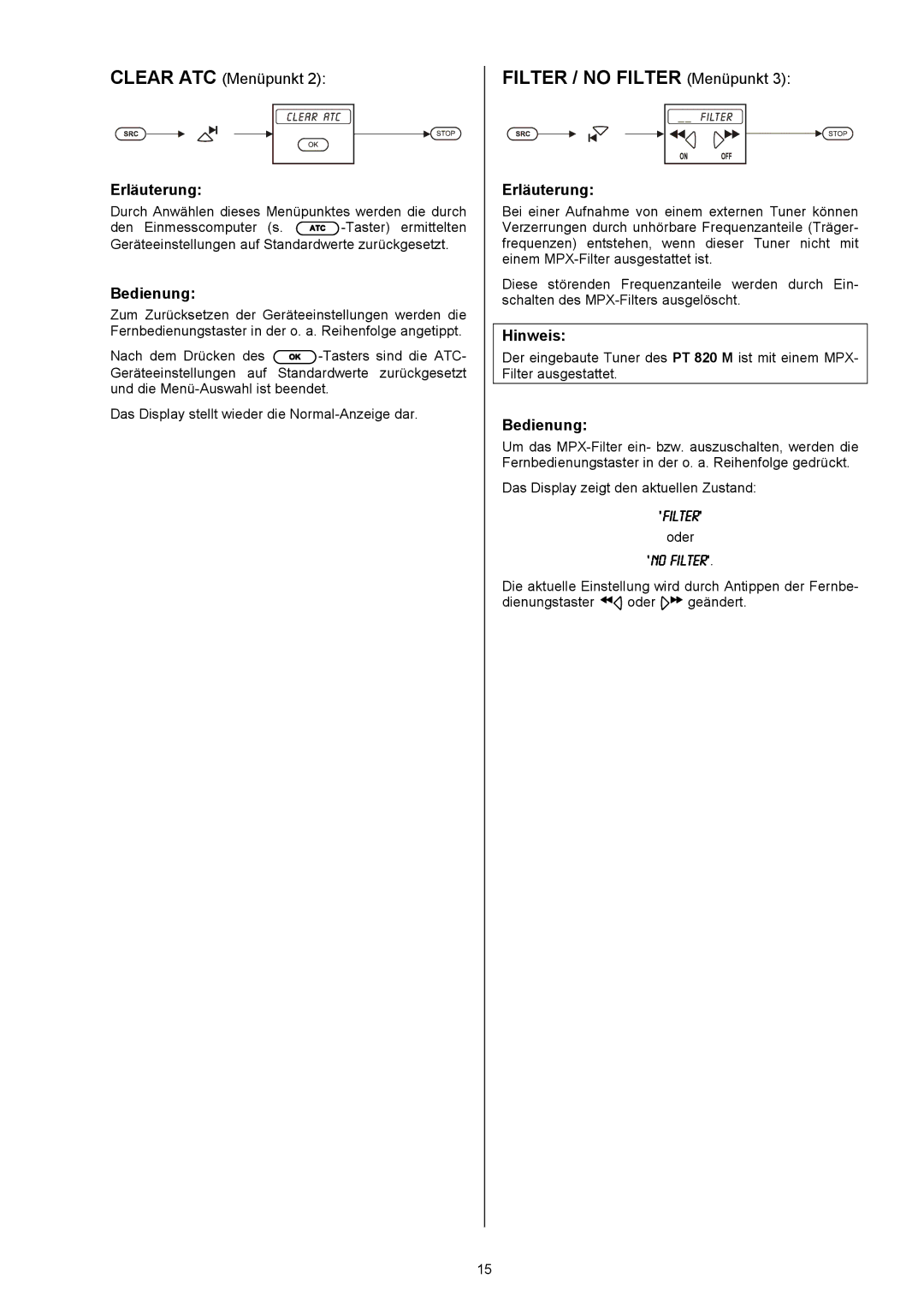 T+A Elektroakustik CC 820 M user manual Filter / no Filter Menüpunkt, Clear ATC Menüpunkt Erläuterung 