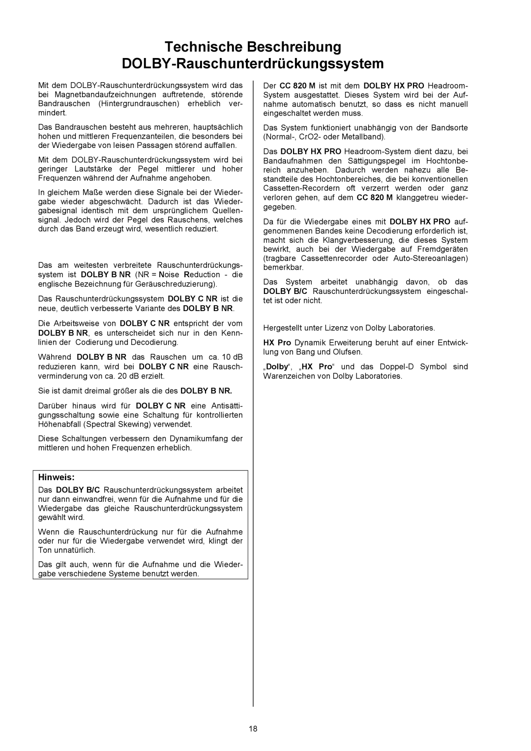 T+A Elektroakustik CC 820 M user manual Technische Beschreibung DOLBY-Rauschunterdrückungssystem 