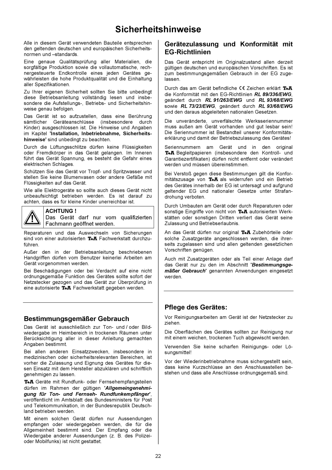 T+A Elektroakustik CC 820 M user manual Sicherheitshinweise, Bestimmungsgemäßer Gebrauch, Pflege des Gerätes 