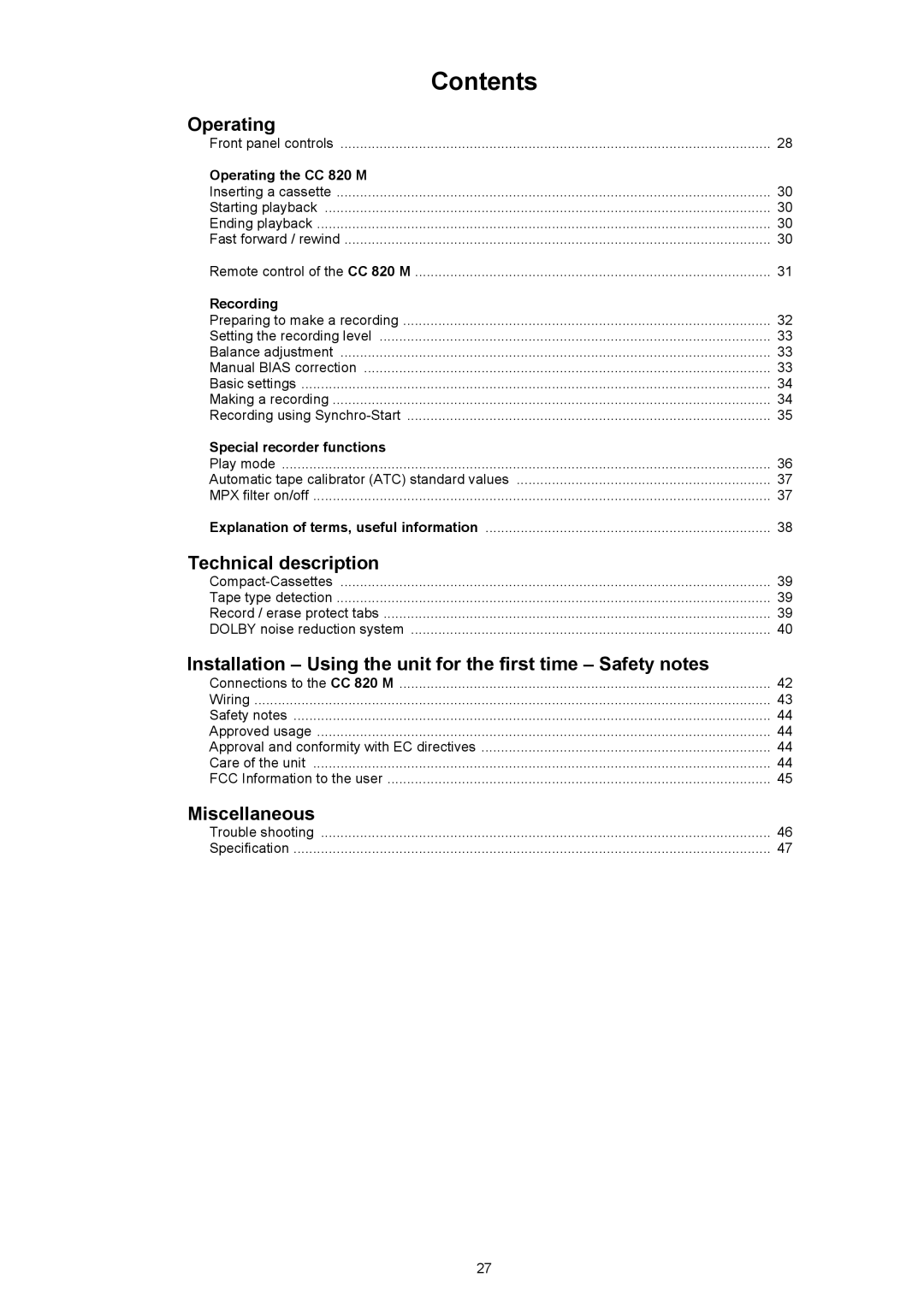 T+A Elektroakustik CC 820 M user manual Contents 