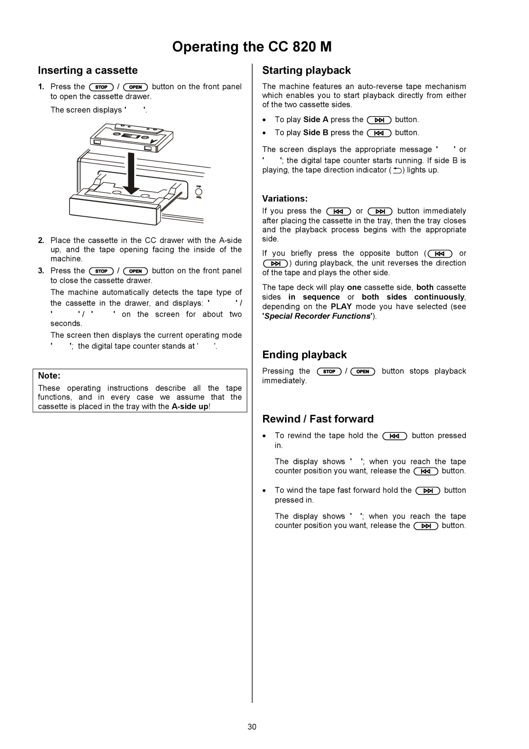 T+A Elektroakustik user manual Operating the CC 820 M, Inserting a cassette, Starting playback, Ending playback 