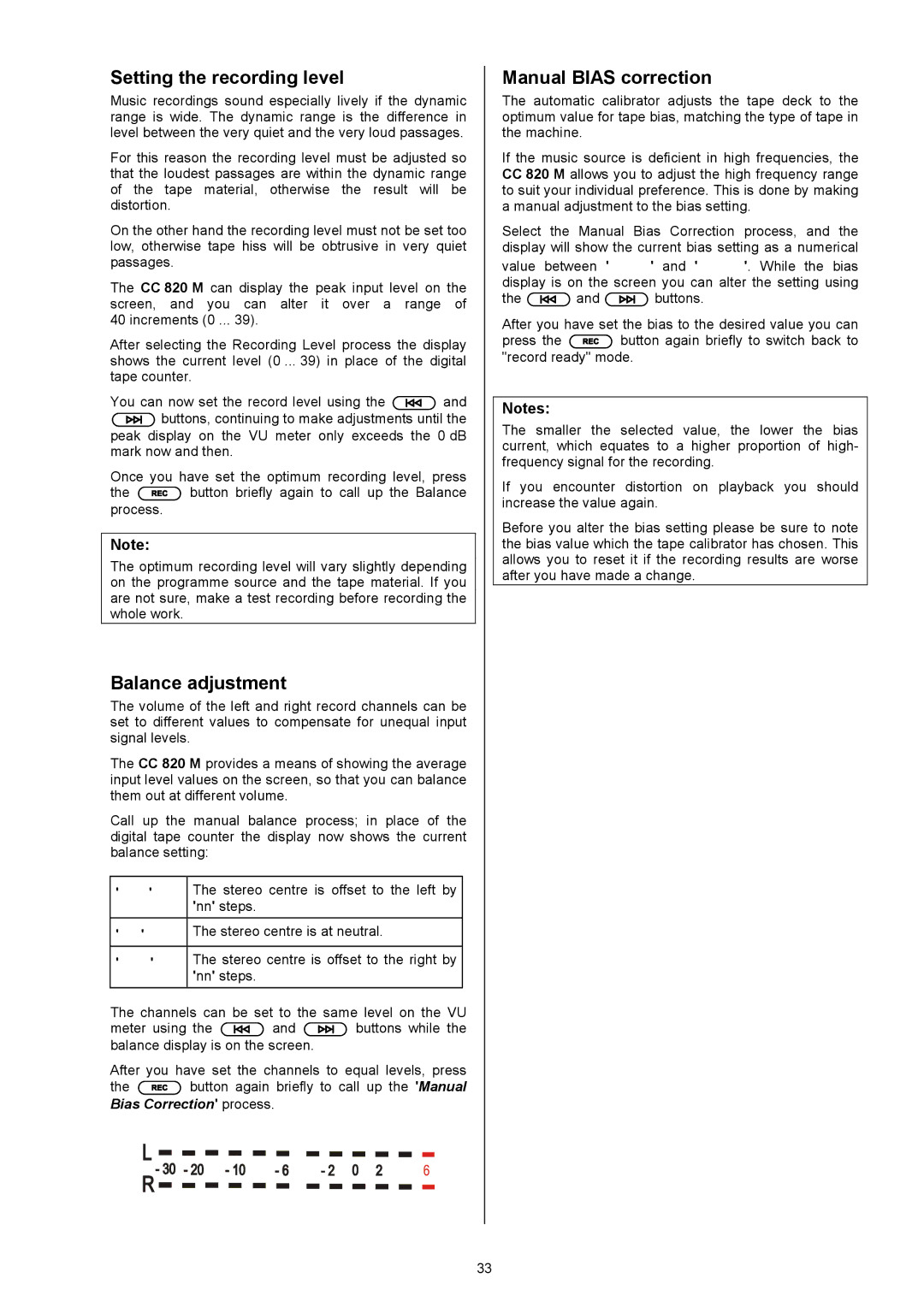 T+A Elektroakustik CC 820 M user manual Setting the recording level, Balance adjustment, Manual Bias correction 