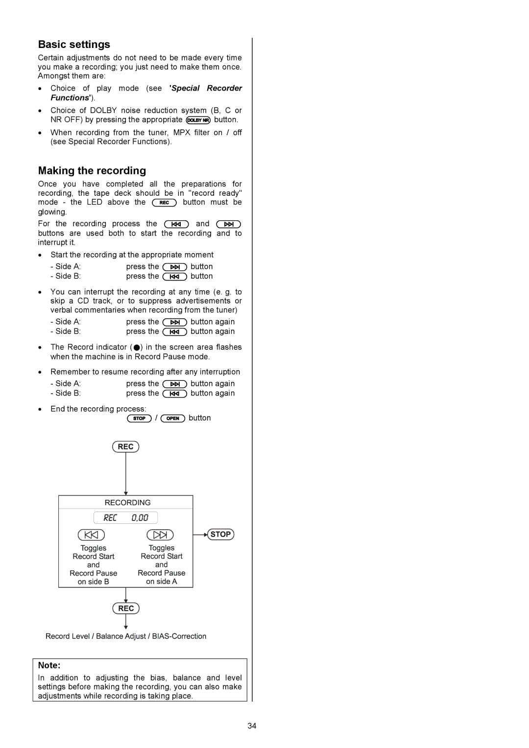 T+A Elektroakustik CC 820 M user manual Basic settings, Making the recording 