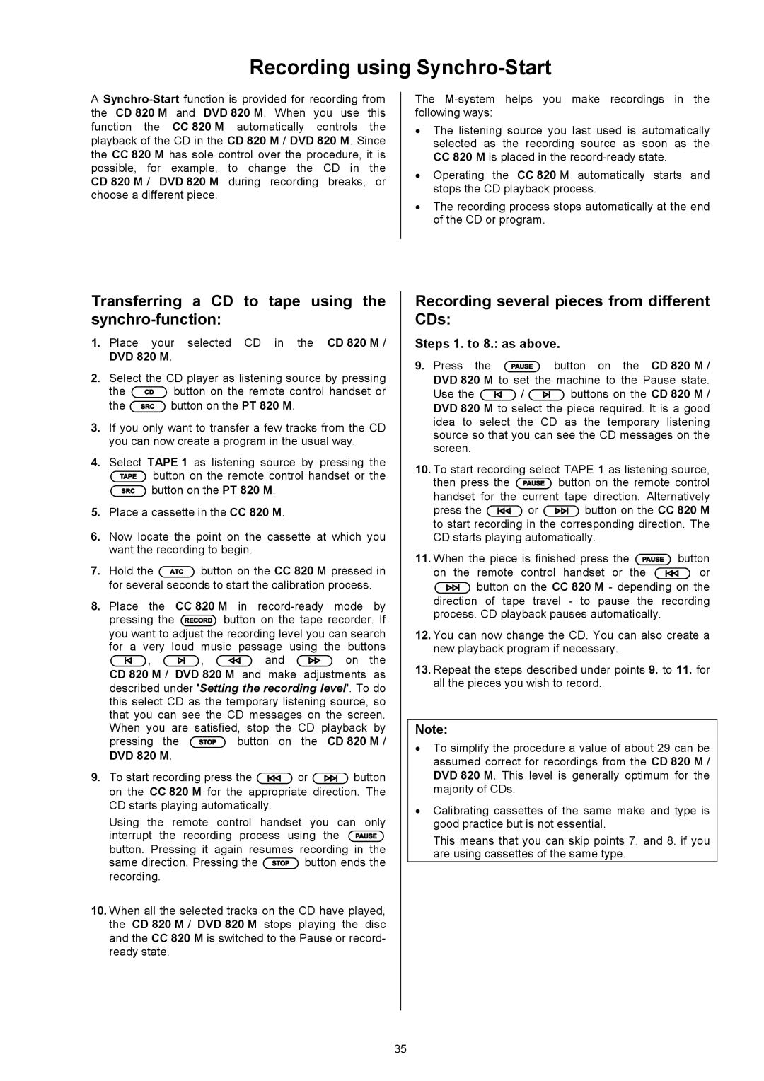 T+A Elektroakustik CC 820 M user manual Recording using Synchro-Start, Transferring a CD to tape using the synchro-function 