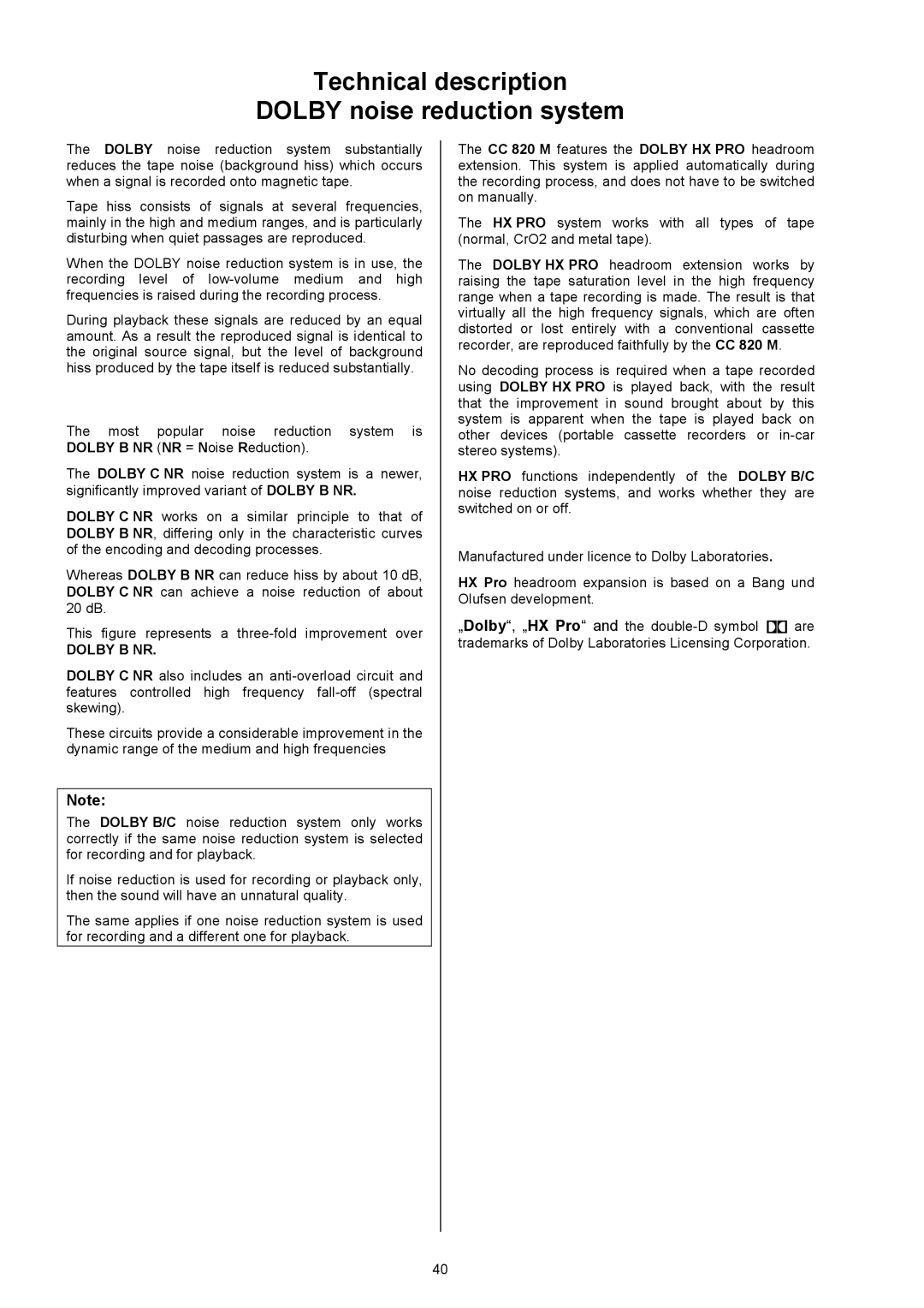 T+A Elektroakustik CC 820 M user manual Technical description Dolby noise reduction system, Dolby B NR 