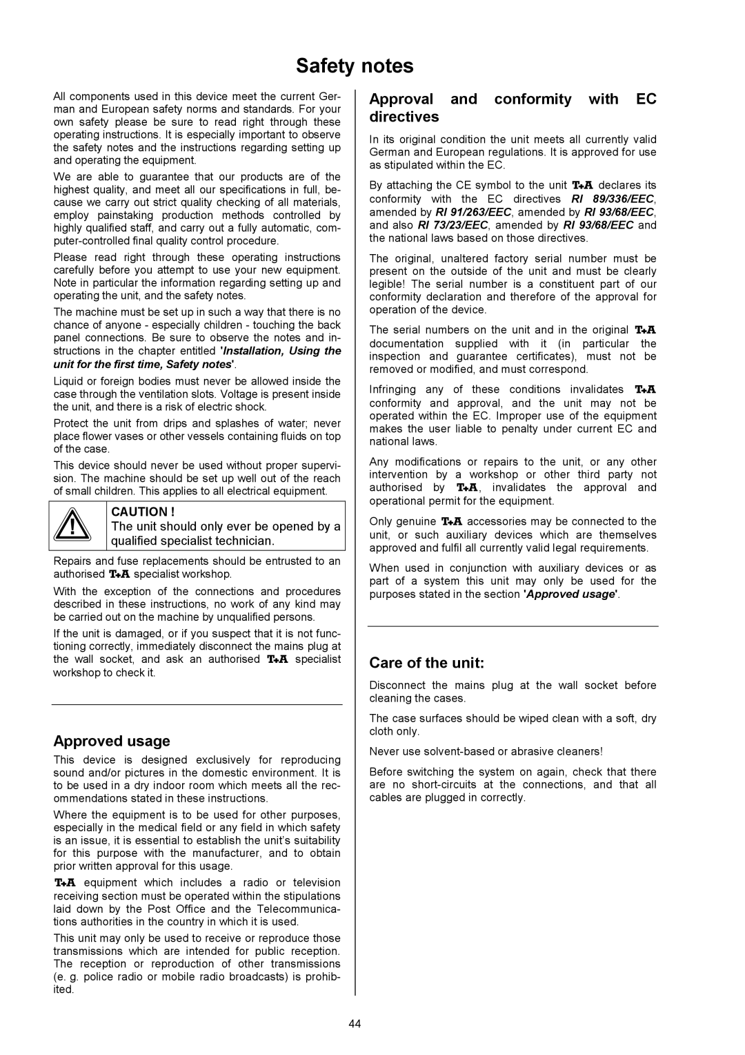 T+A Elektroakustik CC 820 M Safety notes, Approved usage, Approval and conformity with EC directives, Care of the unit 