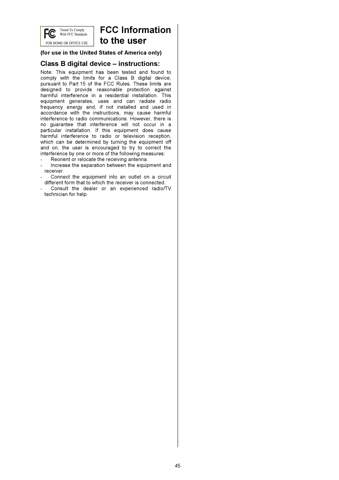 T+A Elektroakustik CC 820 M user manual FCC Information to the user, Class B digital device instructions 