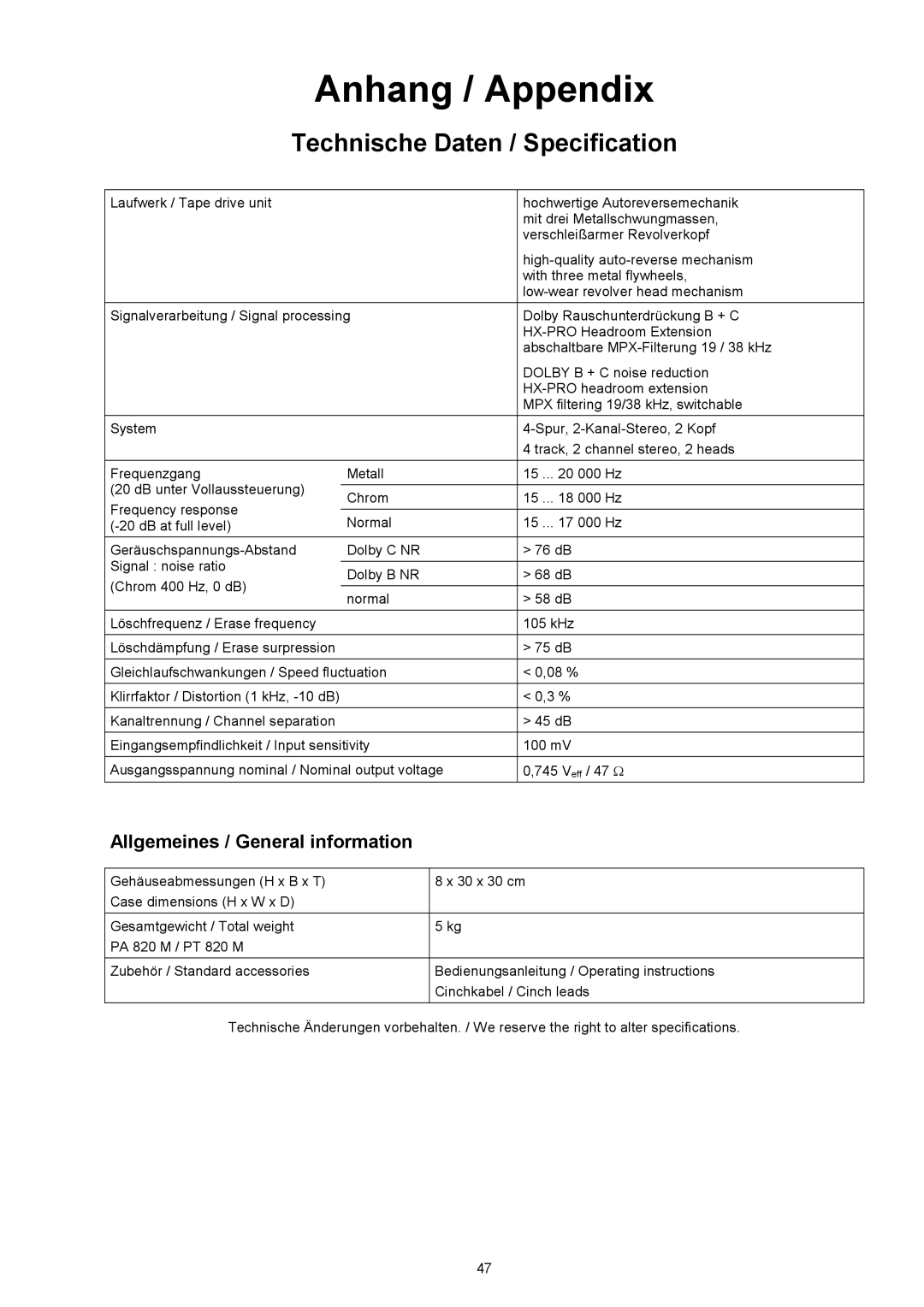 T+A Elektroakustik CC 820 M user manual Technische Daten / Specification, Allgemeines / General information 