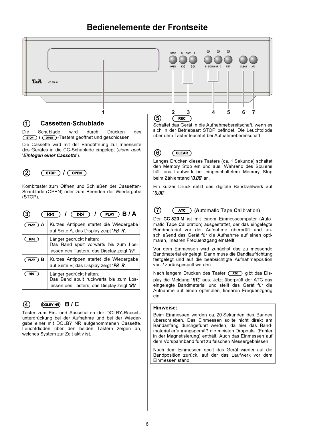 T+A Elektroakustik CC 820 M user manual Bedienelemente der Frontseite, Cassetten-Schublade,  /  /  B / a,  B / C 