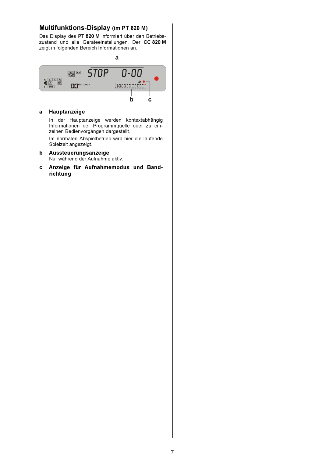 T+A Elektroakustik CC 820 M user manual Multifunktions-Display im PT 820 M, Hauptanzeige, Aussteuerungsanzeige 