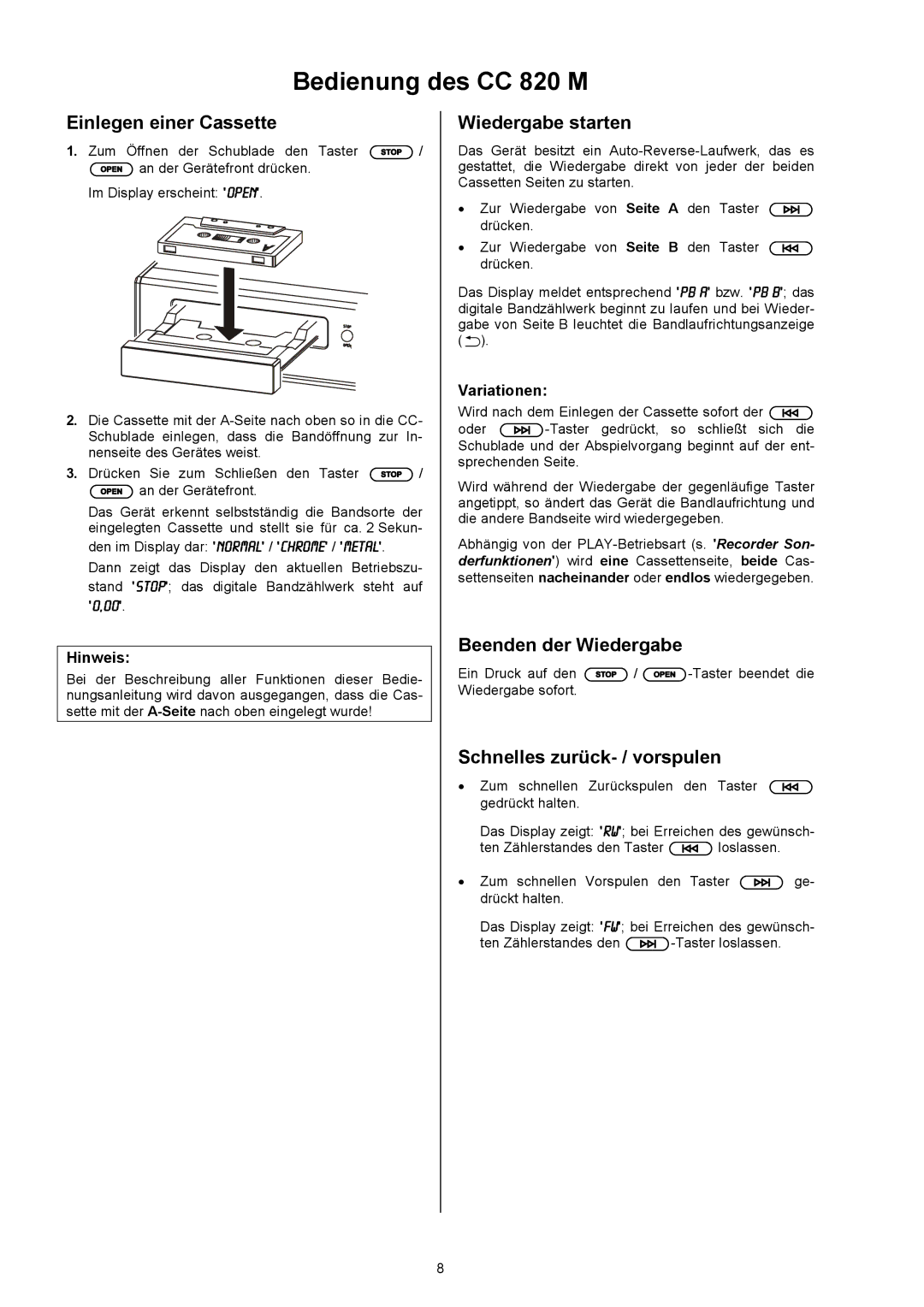 T+A Elektroakustik Bedienung des CC 820 M, Einlegen einer Cassette, Wiedergabe starten, Beenden der Wiedergabe 