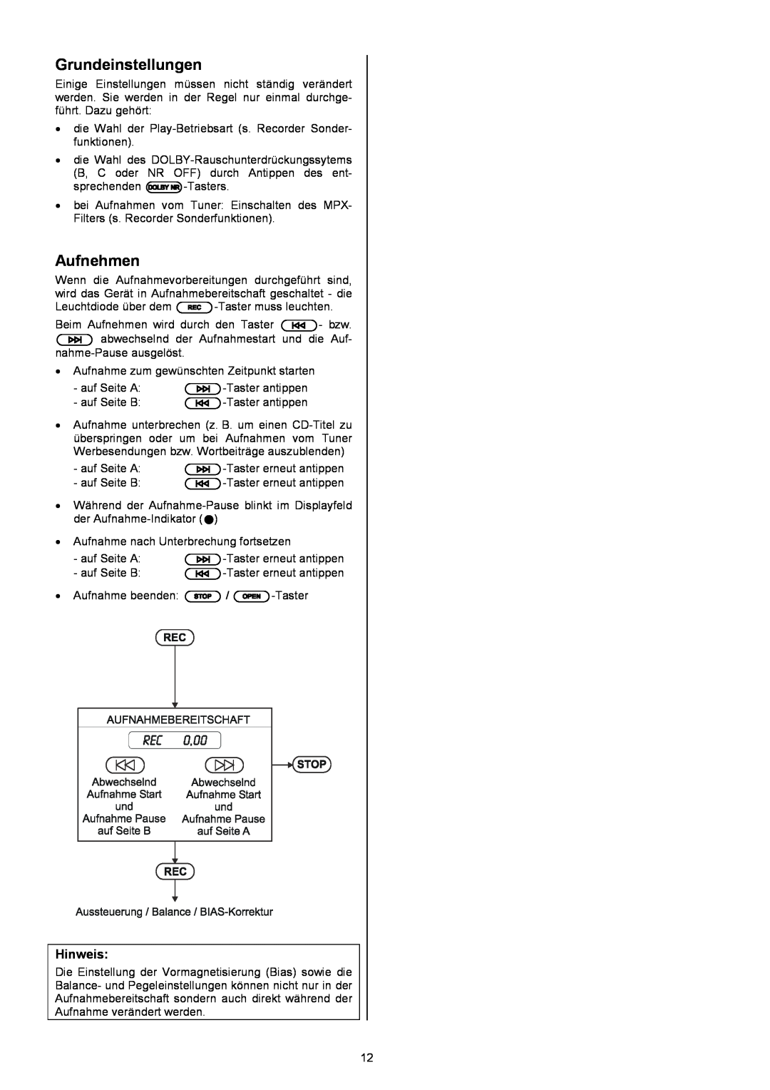 T+A Elektroakustik CC 820 M user manual Grundeinstellungen, Aufnehmen 