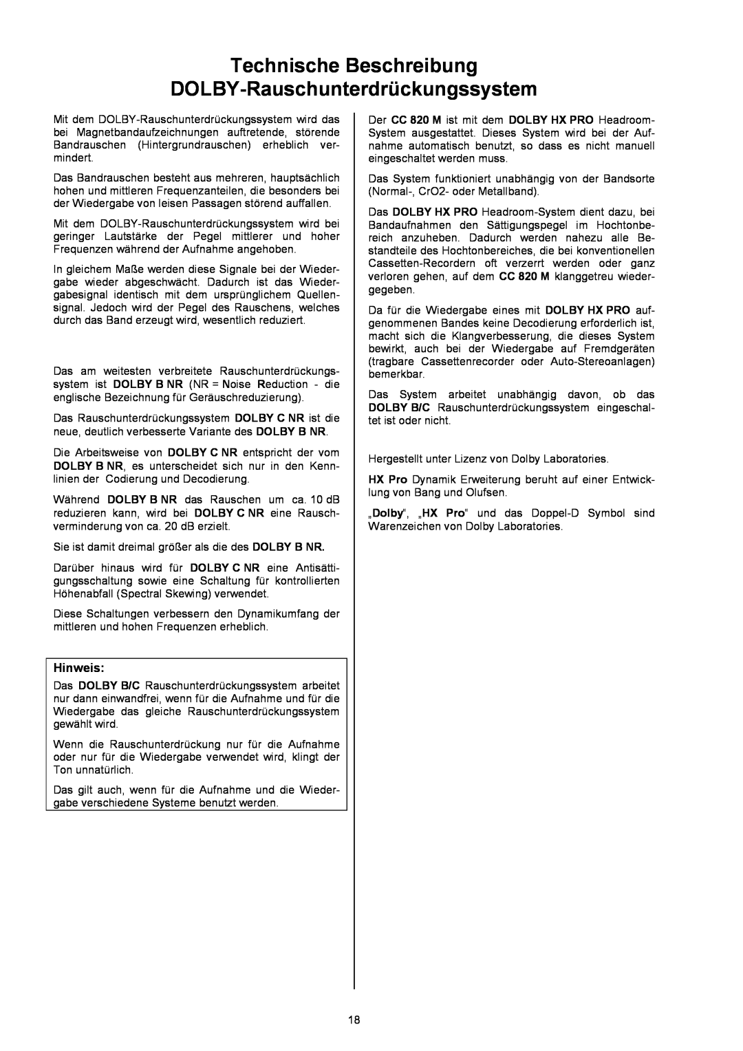 T+A Elektroakustik CC 820 M user manual Technische Beschreibung, DOLBY-Rauschunterdrückungssystem 