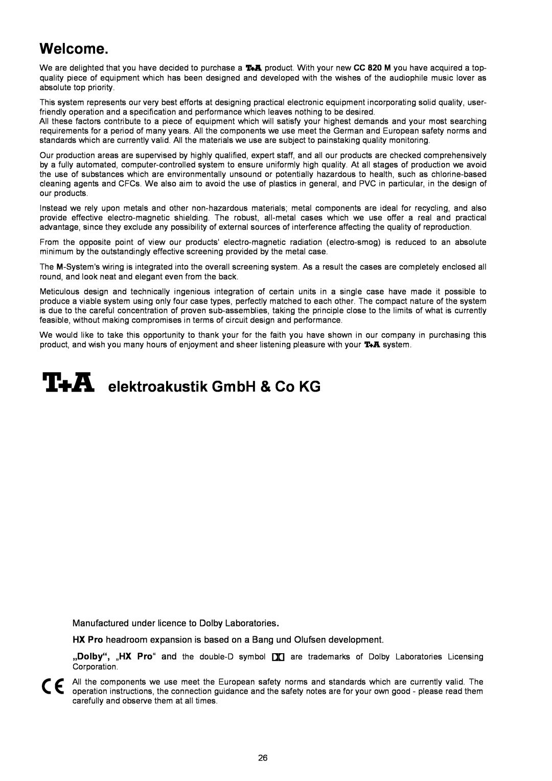 T+A Elektroakustik CC 820 M Welcome, elektroakustik GmbH & Co KG, Manufactured under licence to Dolby Laboratories 