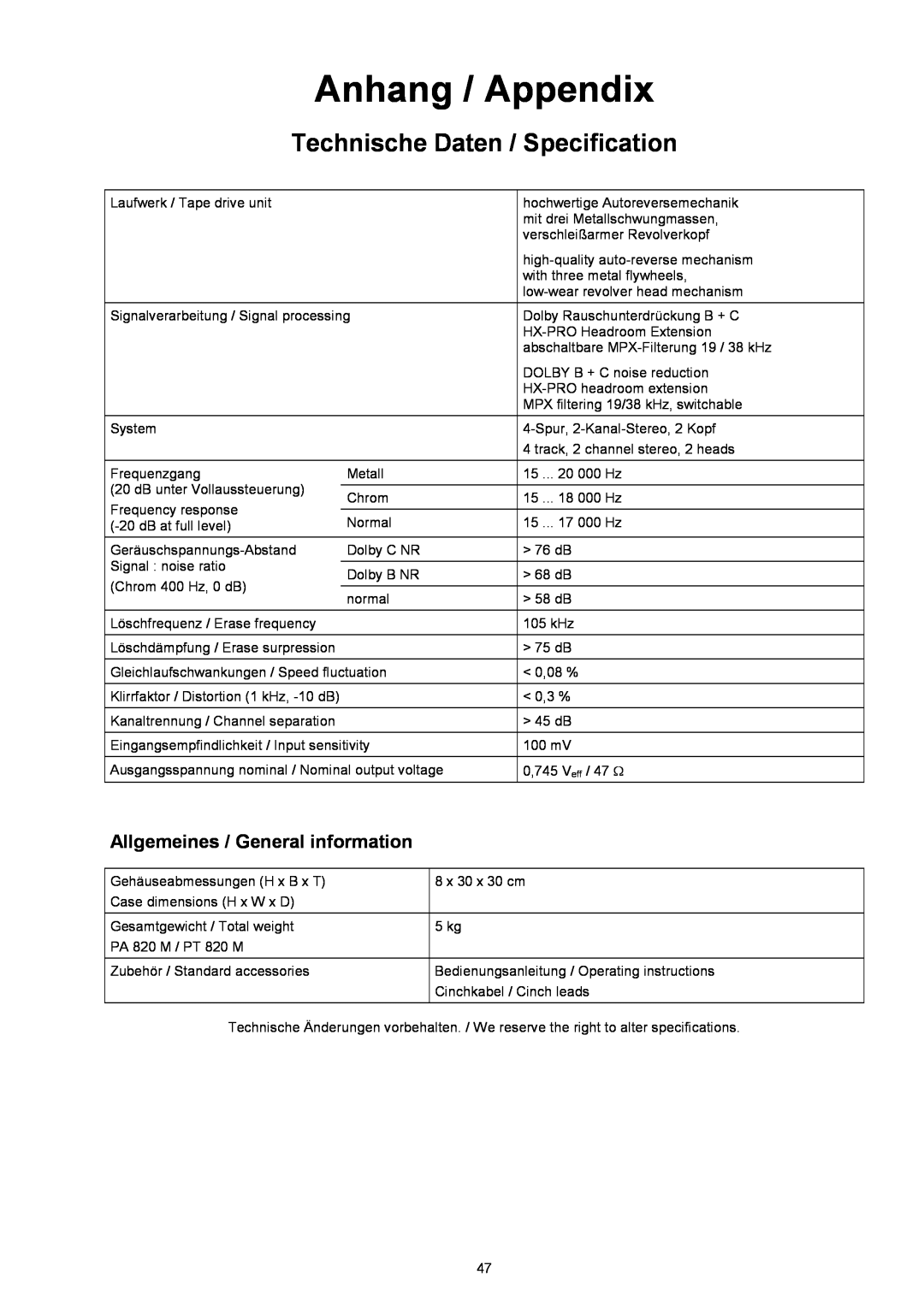 T+A Elektroakustik CC 820 M Anhang / Appendix, Technische Daten / Specification, Allgemeines / General information 