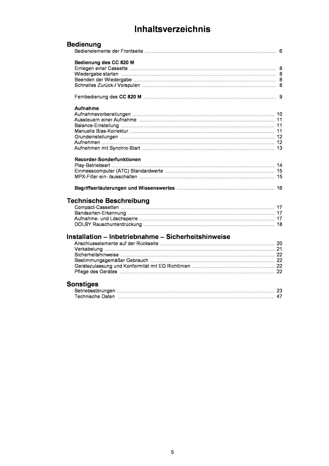 T+A Elektroakustik CC 820 M user manual Inhaltsverzeichnis, Bedienung, Technische Beschreibung, Sonstiges 
