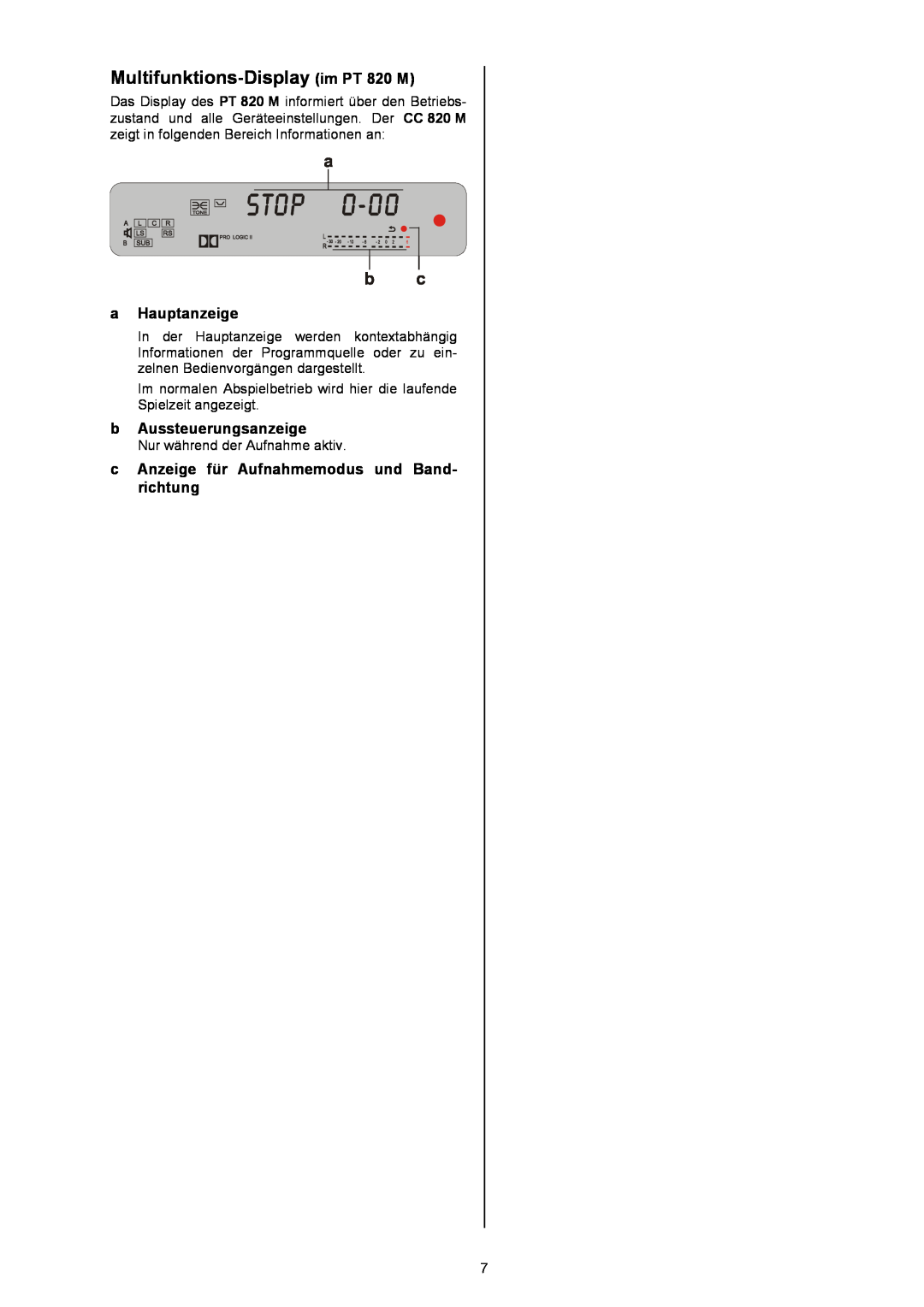T+A Elektroakustik CC 820 M user manual Multifunktions-Display im PT 820 M, aHauptanzeige, bAussteuerungsanzeige 