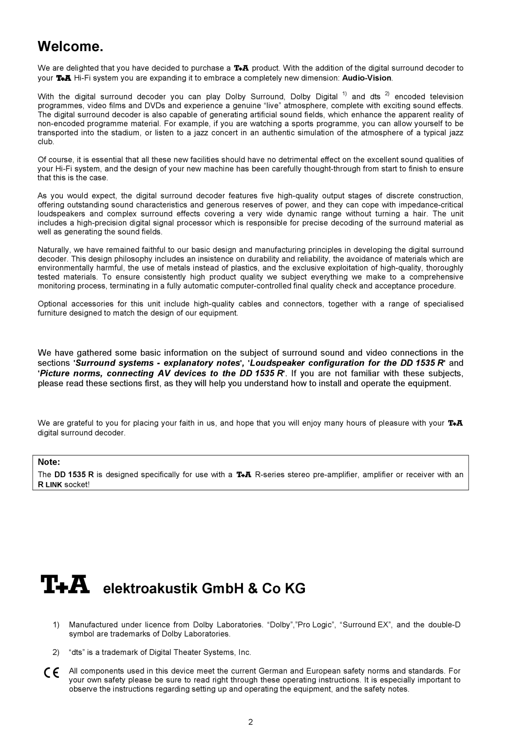 T+A Elektroakustik DD 1535 R manual Welcome,  elektroakustikGmbH&CoKG 