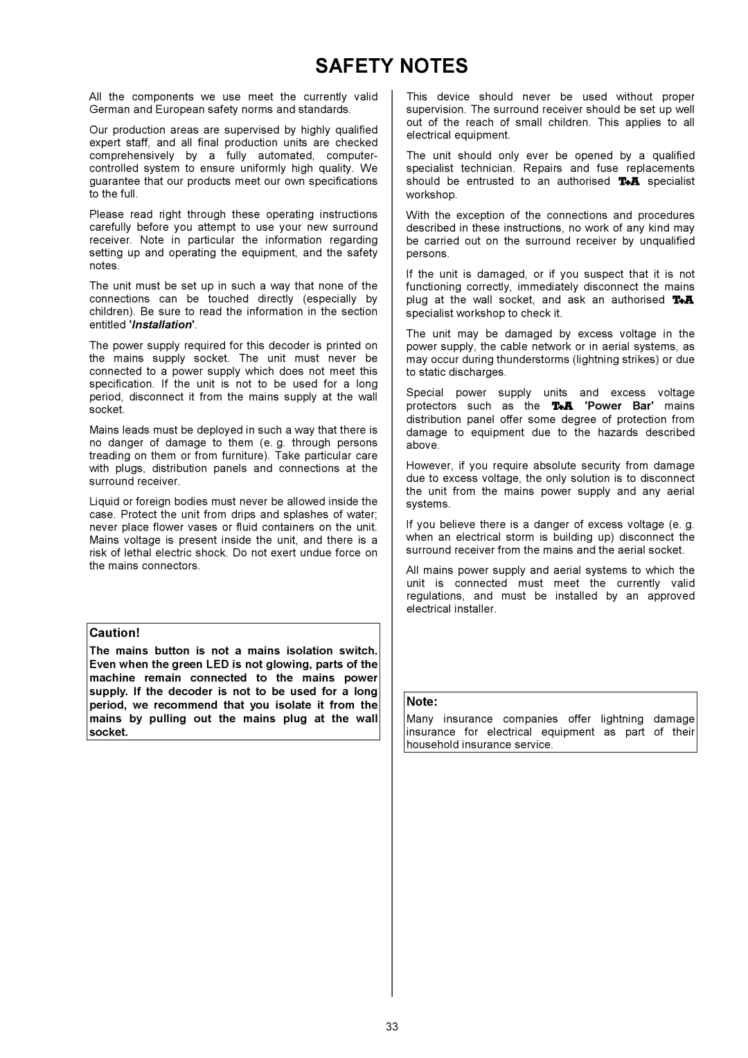 T+A Elektroakustik DD 1535 R manual Safetynotes 