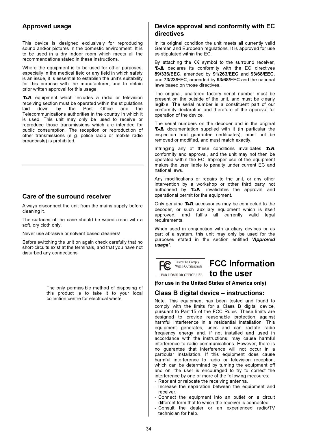 T+A Elektroakustik DD 1535 R manual FCCInformation totheuser, Approvedusage, Careofthesurroundreceiver 