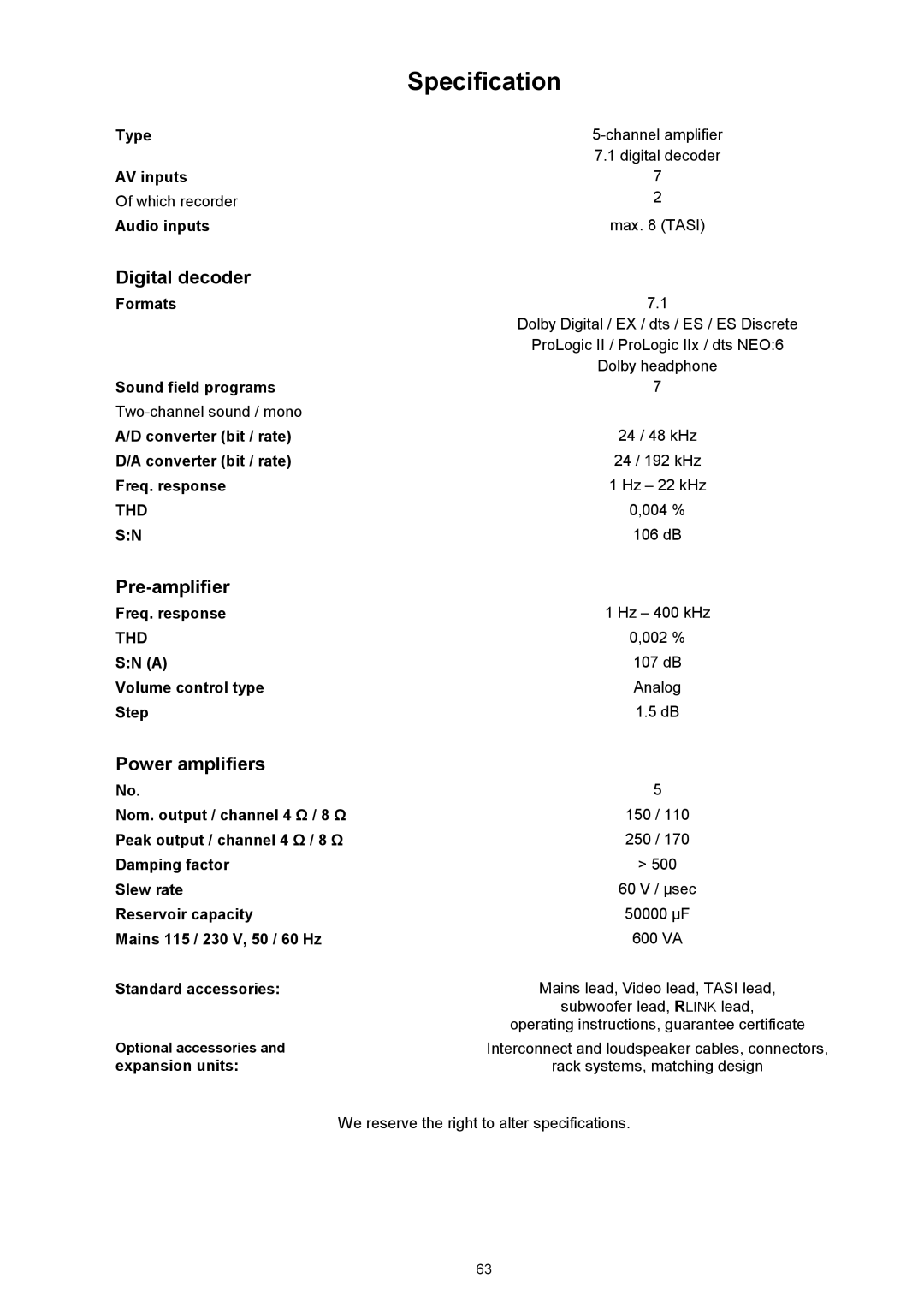 T+A Elektroakustik DD 1535 R manual Specification, Digitaldecoder, Preamplifier, Poweramplifiers 