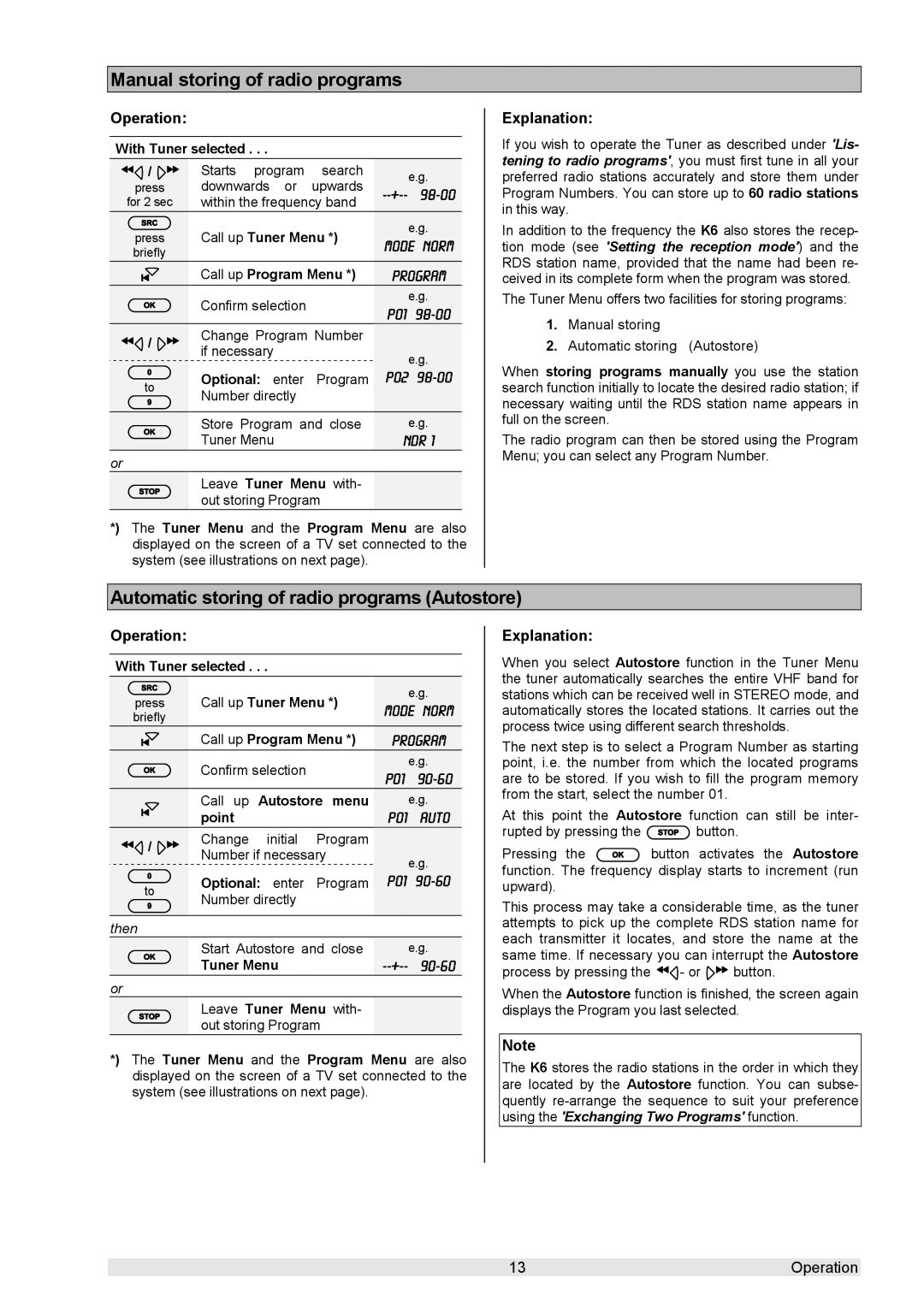 T+A Elektroakustik K 6 Manual storing of radio programs, Automatic storing of radio programs Autostore, P01 98-00 