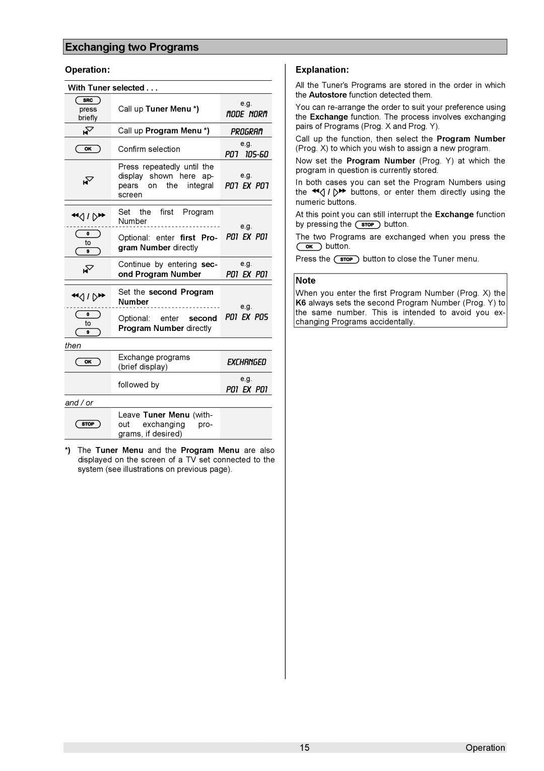 T+A Elektroakustik K 6 user manual Exchanging two Programs, 105-60, P07 