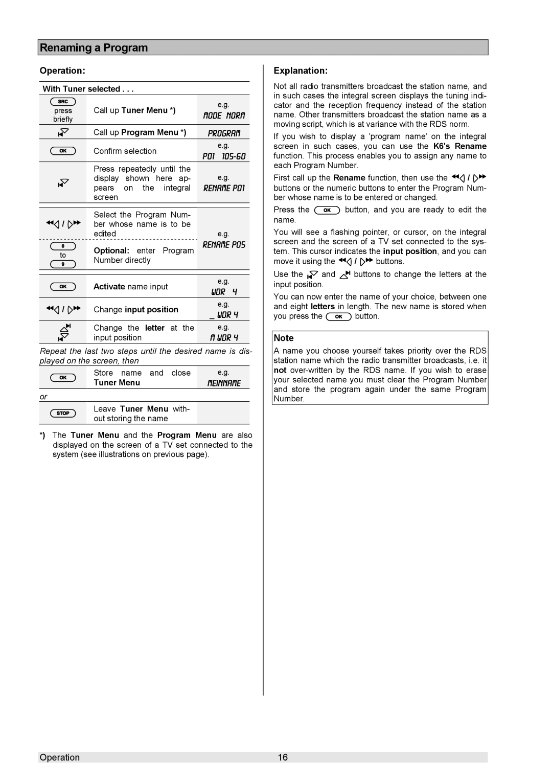 T+A Elektroakustik K 6 user manual Renaming a Program, Change the letter at Inputposition 