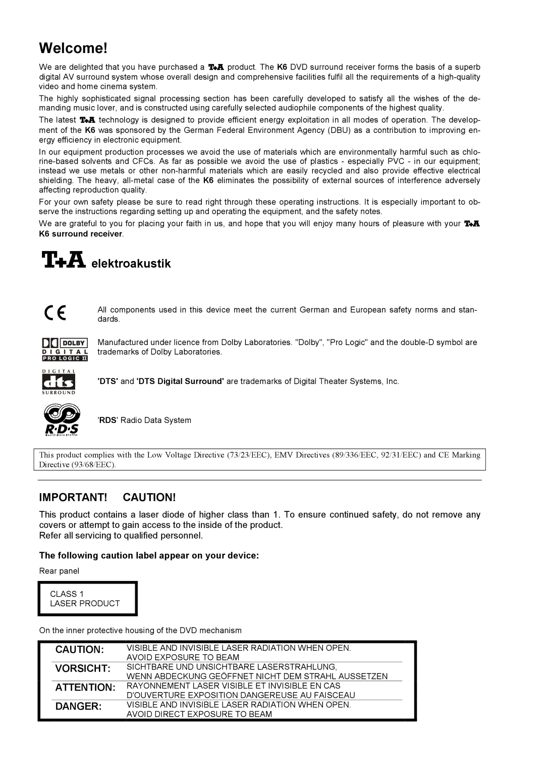 T+A Elektroakustik K 6 user manual Welcome,  elektroakustik 