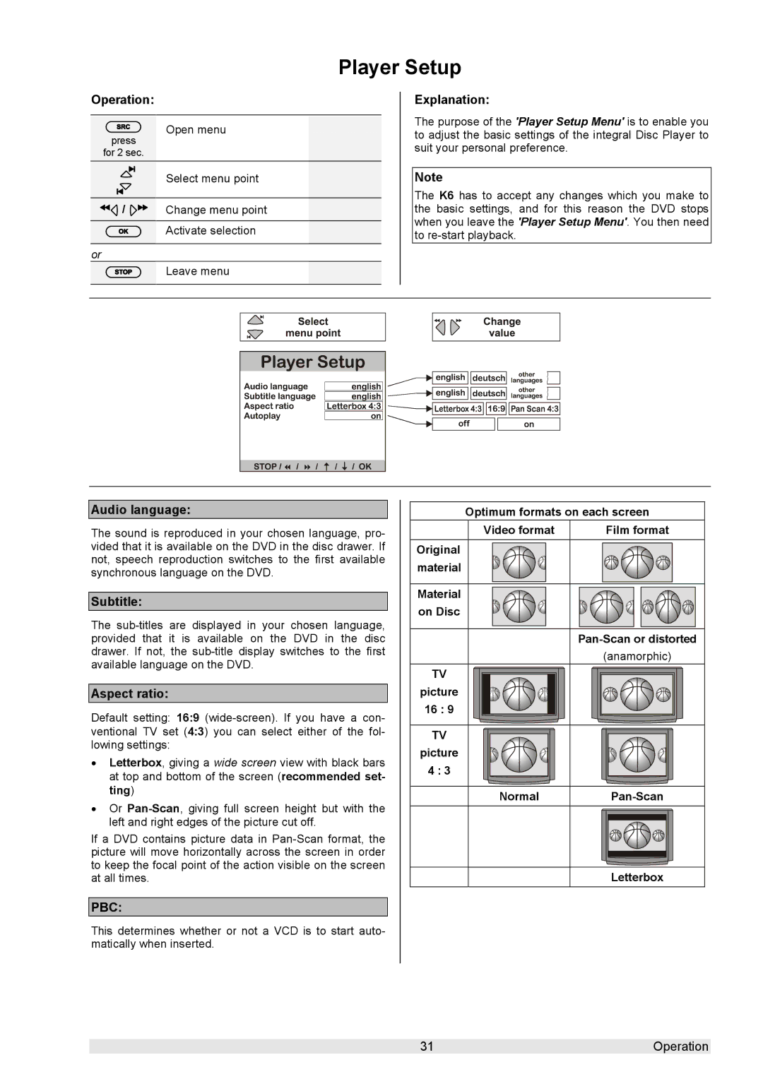 T+A Elektroakustik K 6 user manual Player Setup, Audio language, Subtitle, Aspect ratio 