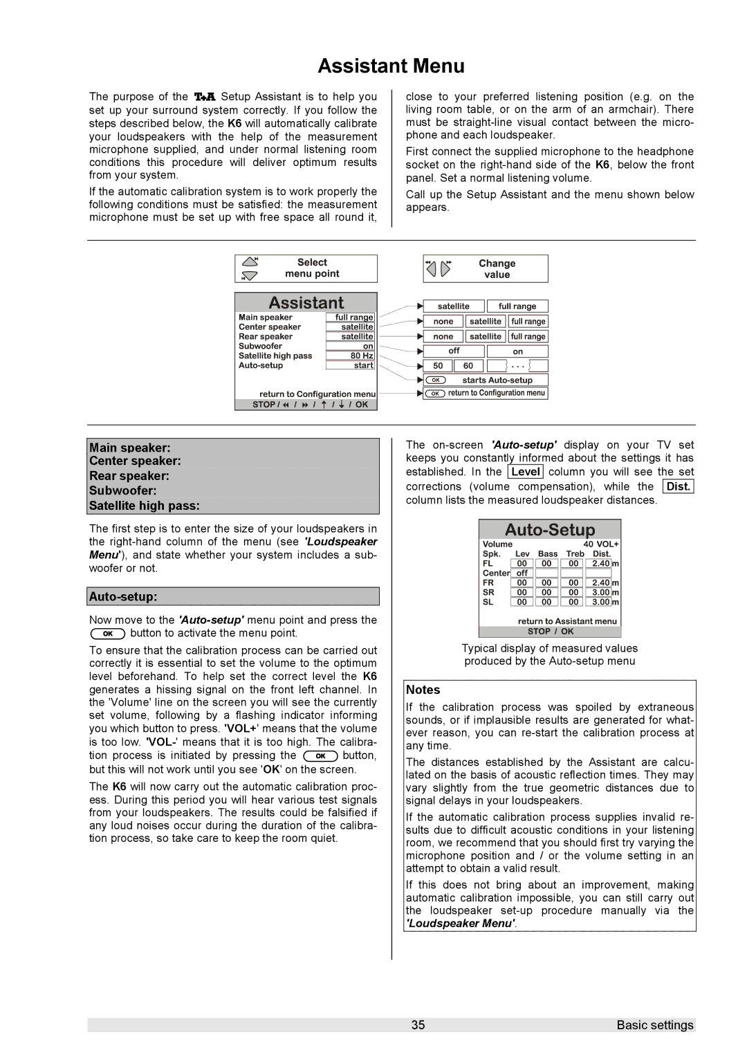 T+A Elektroakustik K 6 user manual Assistant Menu, Auto-setup 