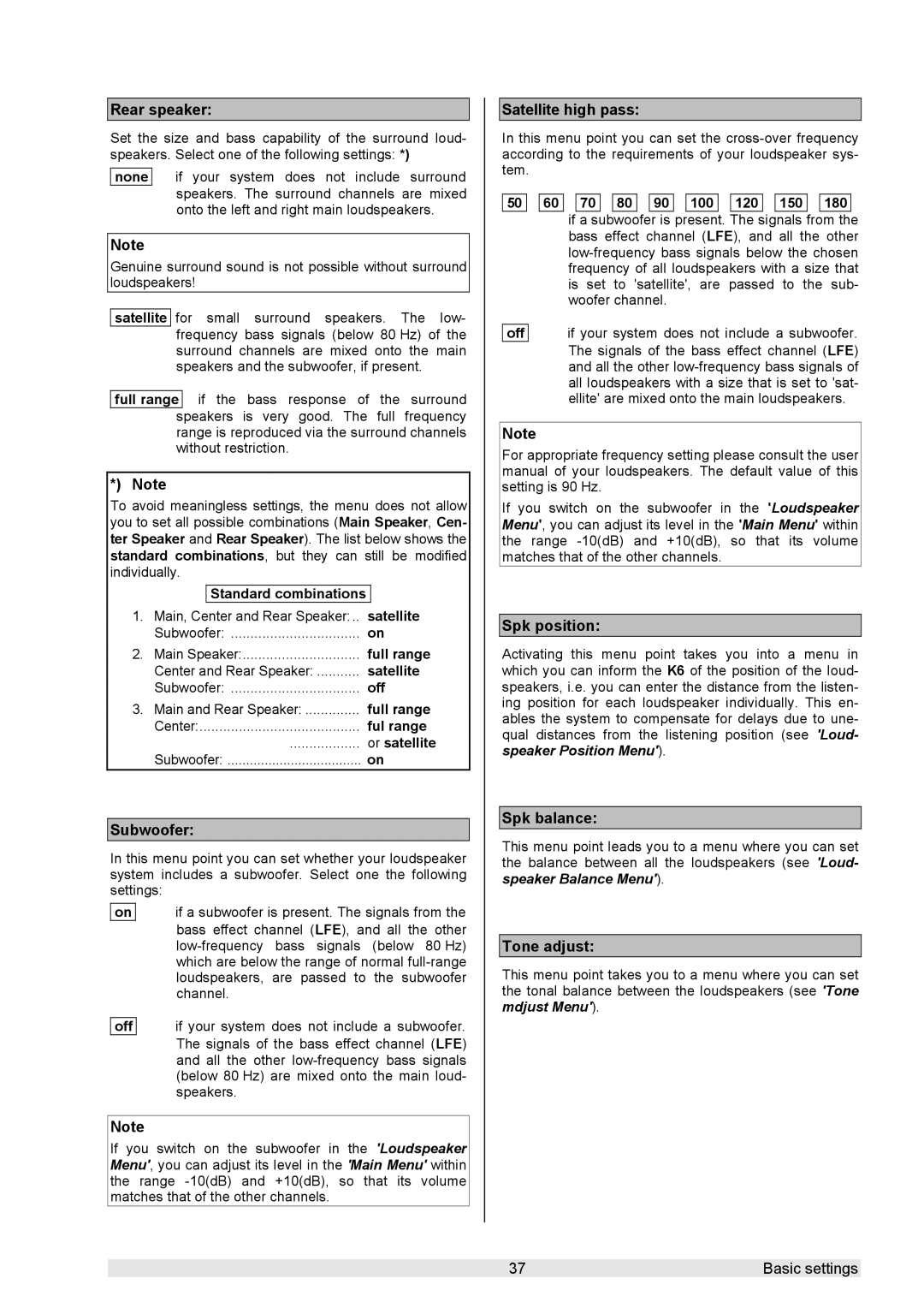 T+A Elektroakustik K 6 user manual Spk position, Spk balance, Tone adjust 