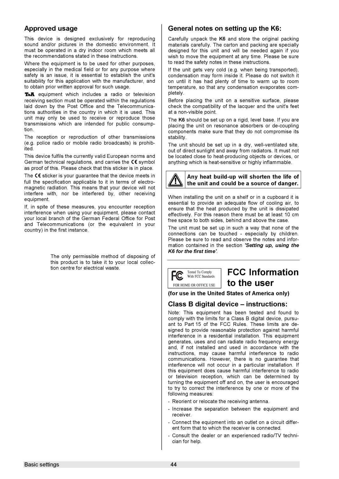 T+A Elektroakustik K 6 user manual FCC Information to the user, Approved usage, General notes on setting up the K6 