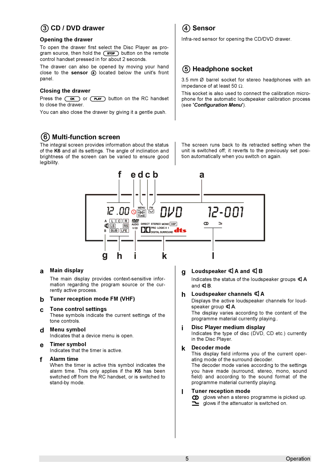 T+A Elektroakustik K 6 user manual  CD / DVD drawer,  Sensor, Headphone socket,  Multi-function screen,  a 