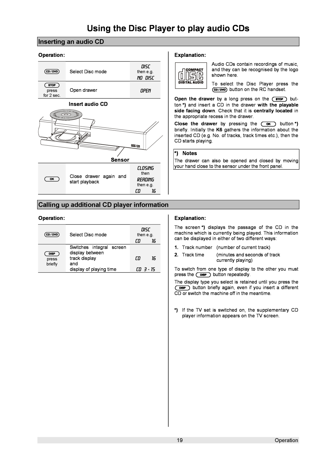 T+A Elektroakustik K 6 user manual Using the Disc Player to play audio CDs, Inserting an audio CD 