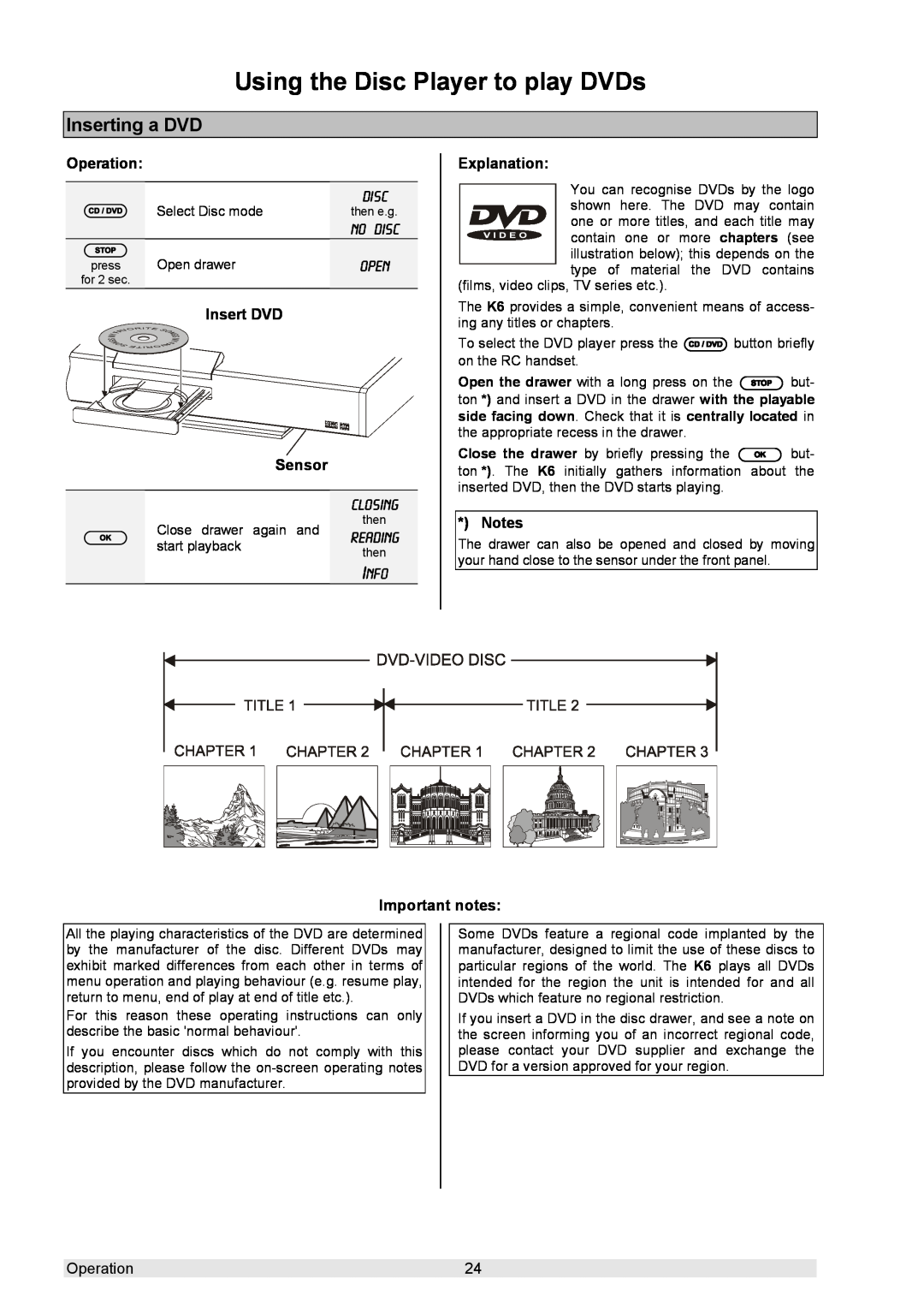 T+A Elektroakustik K 6 user manual Using the Disc Player to play DVDs, Inserting a DVD, Sensor 